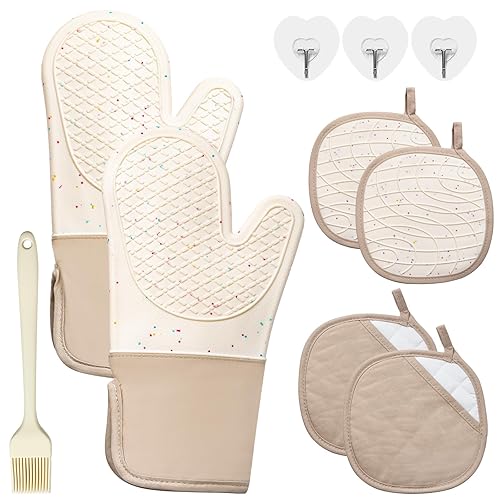 7 PCS Kitchen Oven Mitts and Pot Holders Cooking Mittens Heat Resistant 500°F Silicone Oven Mitts Soft Cotton Lining Non-Slip Oven Mittens for Kitchen Baking BBQ Cooking with Hook Up Oil Brush(Cream) - Cream