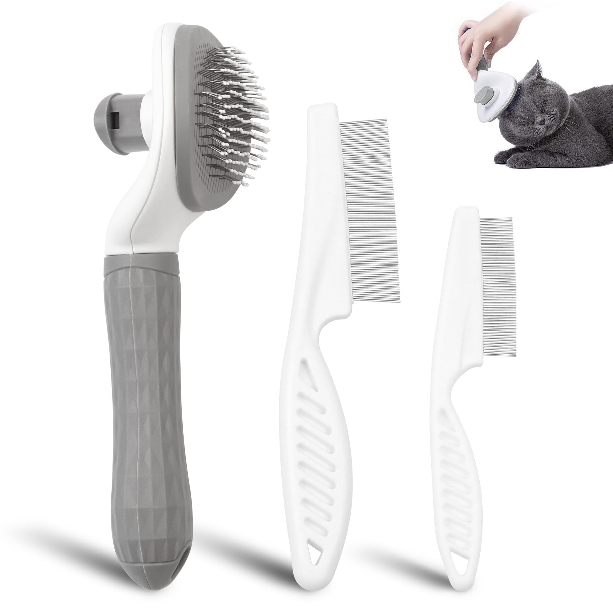 Zssxysm 3 Pieces Cat Grooming Brush, Pet Flea Comb for Dog Self Cleaning Brush for Short & Long Hair