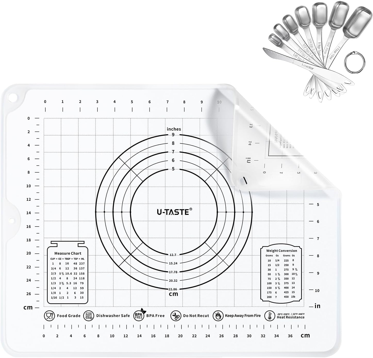 U-Taste 16"x20" Food-Grade Liquid Silicone Pastry Mat with Clear Measurement, and 18/8 Stainless Steel Square Measuring Spoons Set of 8 (Transparent+Silver)