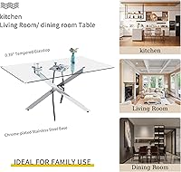 Vista 7 de Knocbel Mesa de comedor rectangular contemporánea de 63 pulgadas con parte superior de vidrio templado y patas de acero inoxidable, mesa de comedor