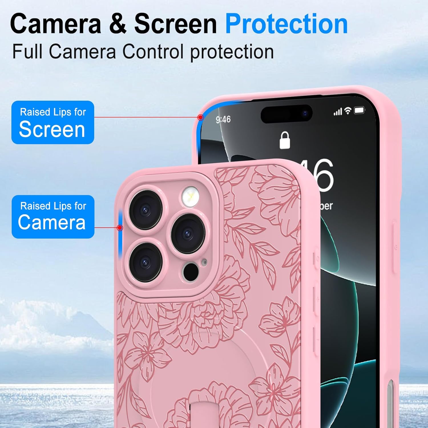 Designed for iPhone 16 Pro Max Pink Line Peony Floral Pattern Case [Compatible with Magsafe] with Finger Strap Kickstand Shockproof Anti Drop Camera Protective for Girls Women