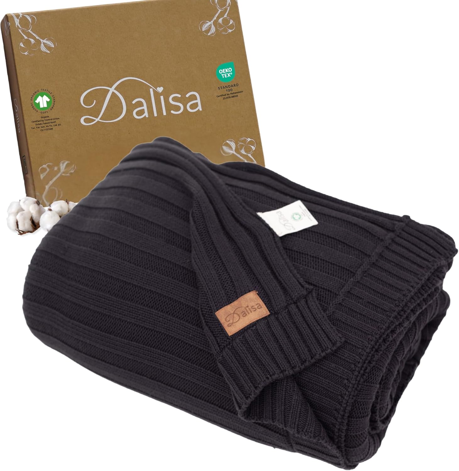 100% Organic Cotton Knit Blanket Denise -Soft and Lightweight, Breathable All-Season Throw for Bed, Sofa, or Lounge Area -GOTS Certified-Perfect for Home and Bedroom Styling (Black, 50x60)