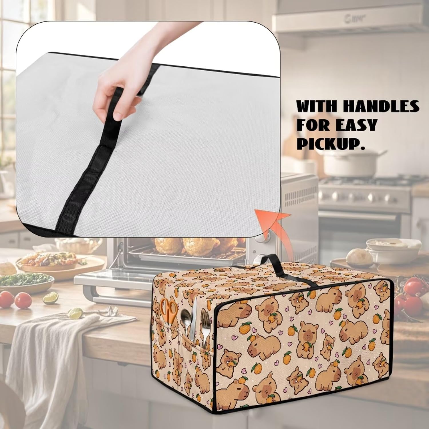 Capybara Orange Heart Print Toaster Oven Dust Cover, Heat-Resistant Heavy Duty Kitchen Counter Appliance Protector with Accessory Pockets (Large-18.5*22.5*12.99 inches)