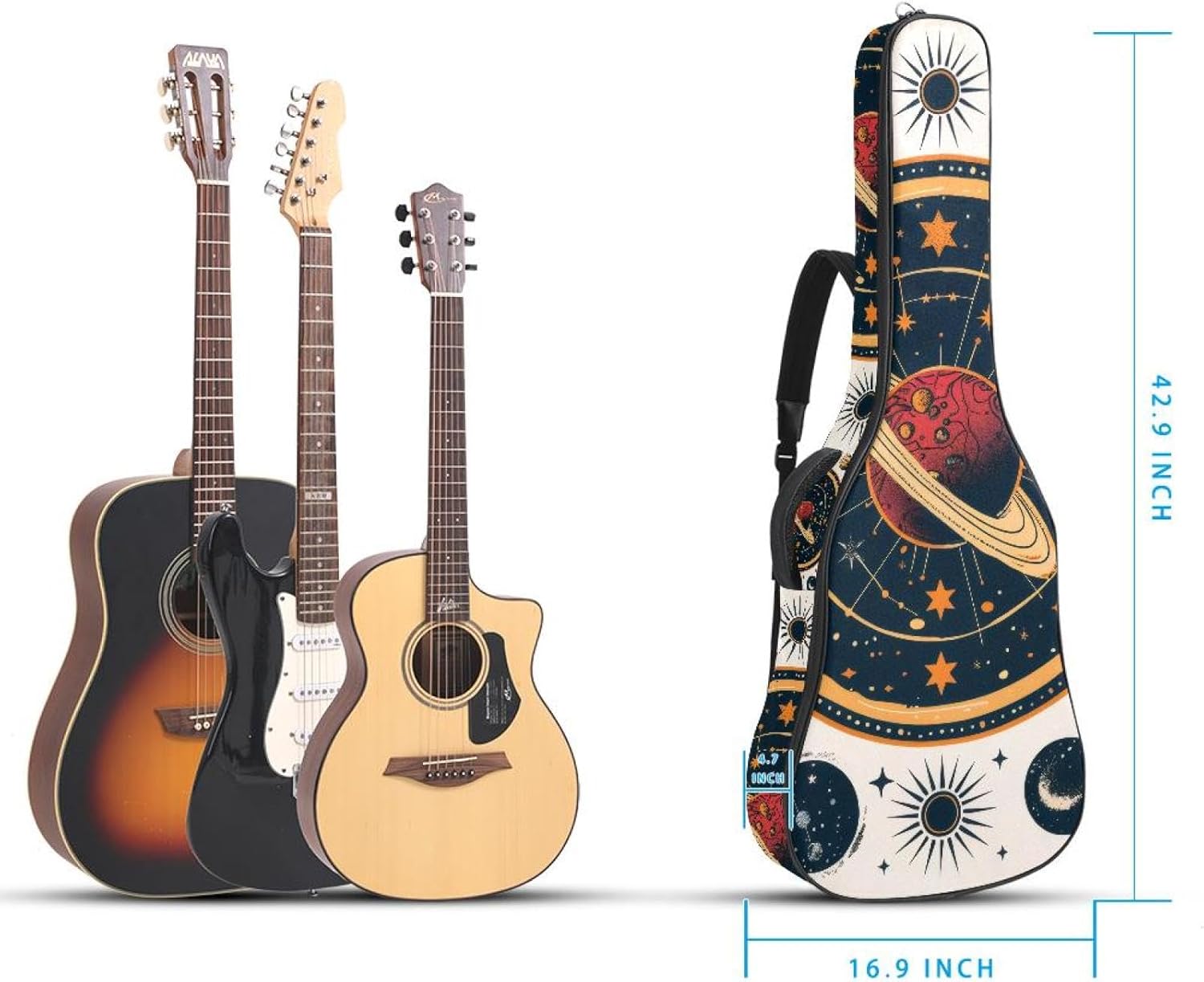40 41 42 Inch Acoustic Guitar Bag, 0.4 In Thick Sponge Padded Guitar Case Gig Bag with Back Hanger Loop and 2 Pockets, Planets Symbols Vintage Pattern