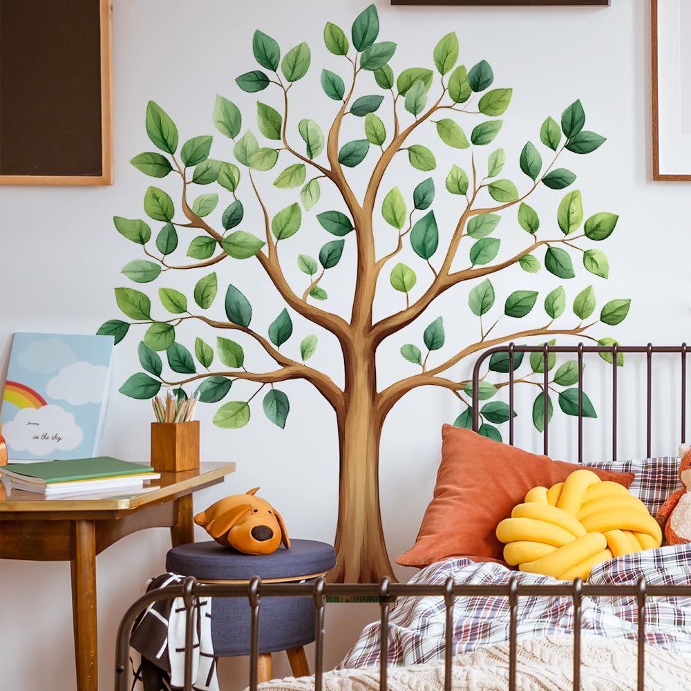Large Green Tree Wall Decals, Watercolor Green Plant Tree Wall Stickers for Kids Bedroom Nursery Living Room Home Wall Decor, 39.4 x 43.5 inches