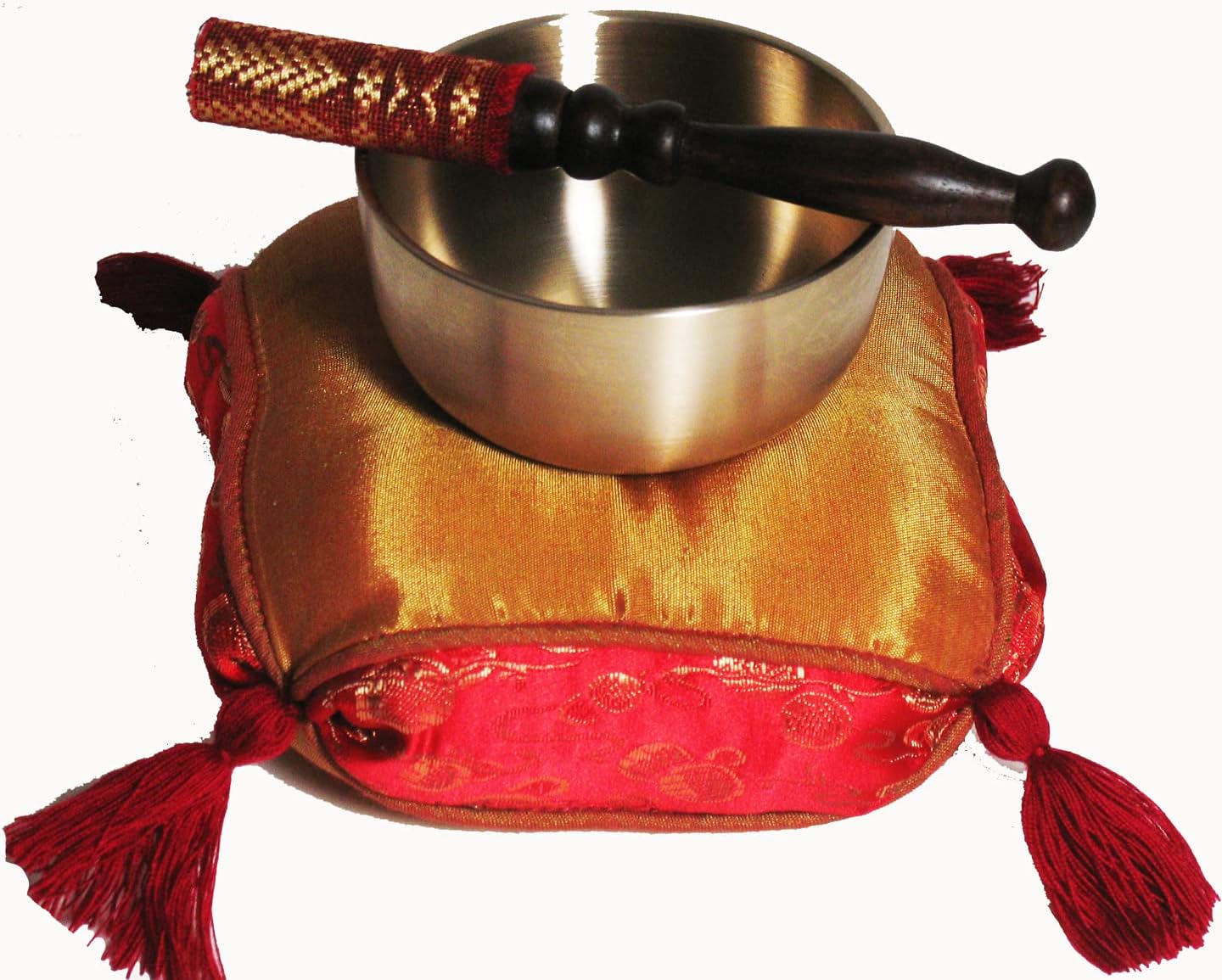 Meditation Accessory Japanese Rin Gong Singing Bowl Set 3.5" dia with Cushion & Stained Wood Striker - Red Gold