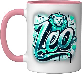 Leo Zodiac Sign x Lion Ceramic Mug, Pink/White
