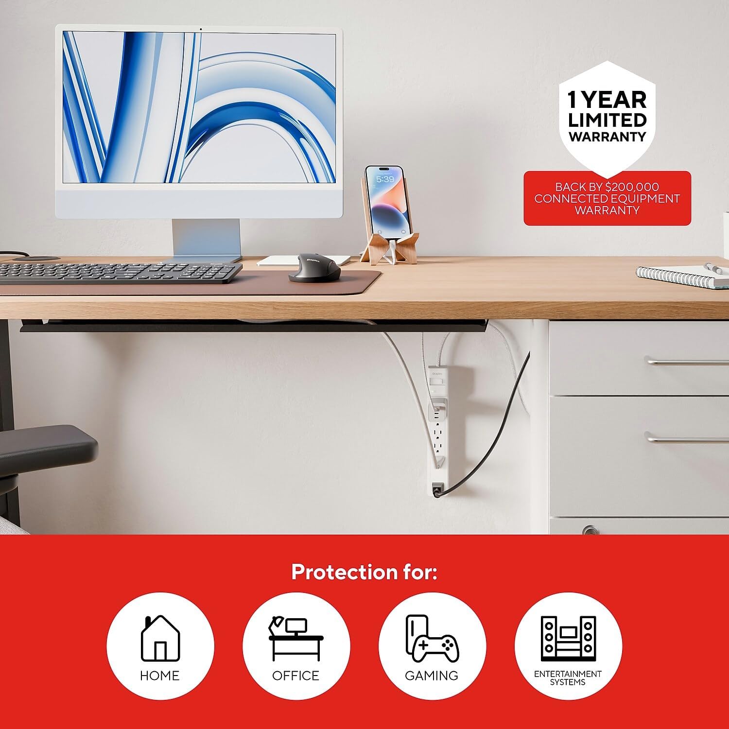Staples TECH 6‑Outlet Surge Protector with 10 ft. Cord with Flat Offset Plug – Ideal for Home & Office, 1800 Joules, White
