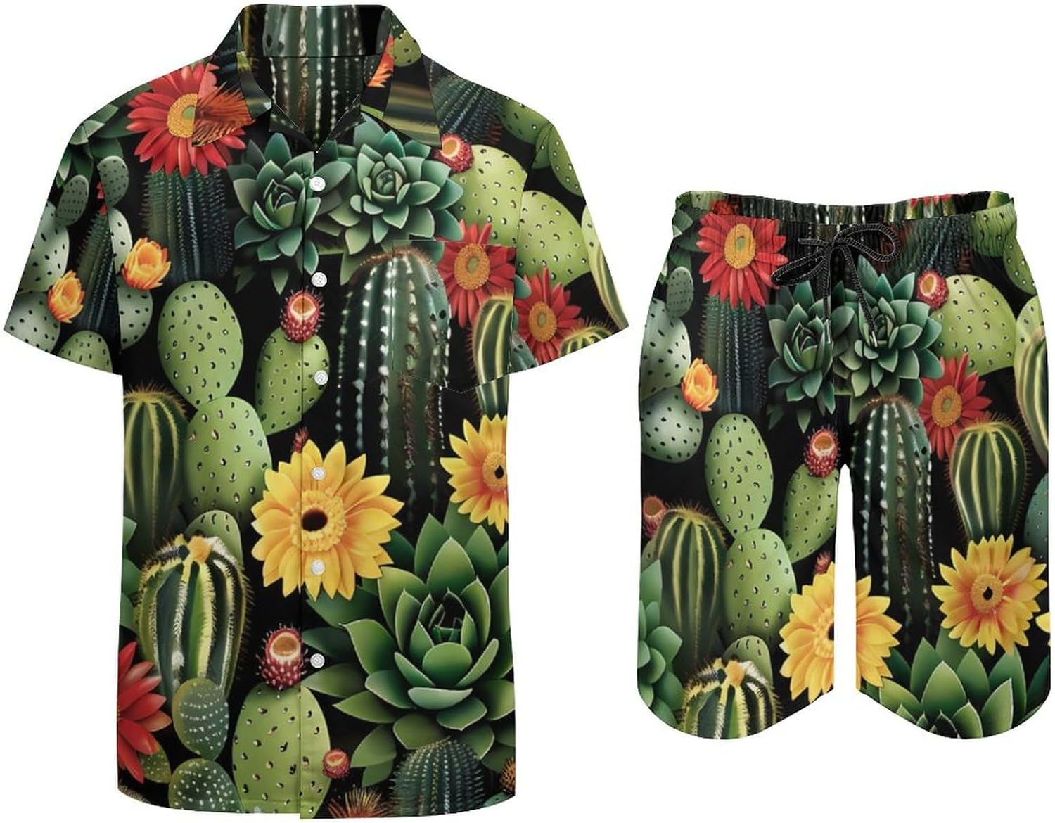 Cactus Plants Men's Summer Beach Outfits Shirt And Shorts Set 2 Piece Vacation Swimwear