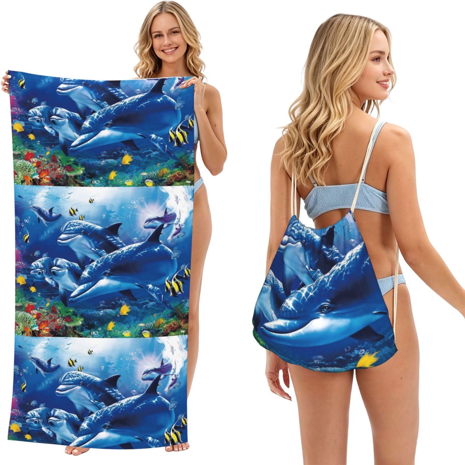 Poadnly As Picture Marine Life Blue Sea World Coral Dolphin, 2 In 1 Packable Towel Bag, Beach Towels With Drawstring Backpack For Travel Holiday Camping