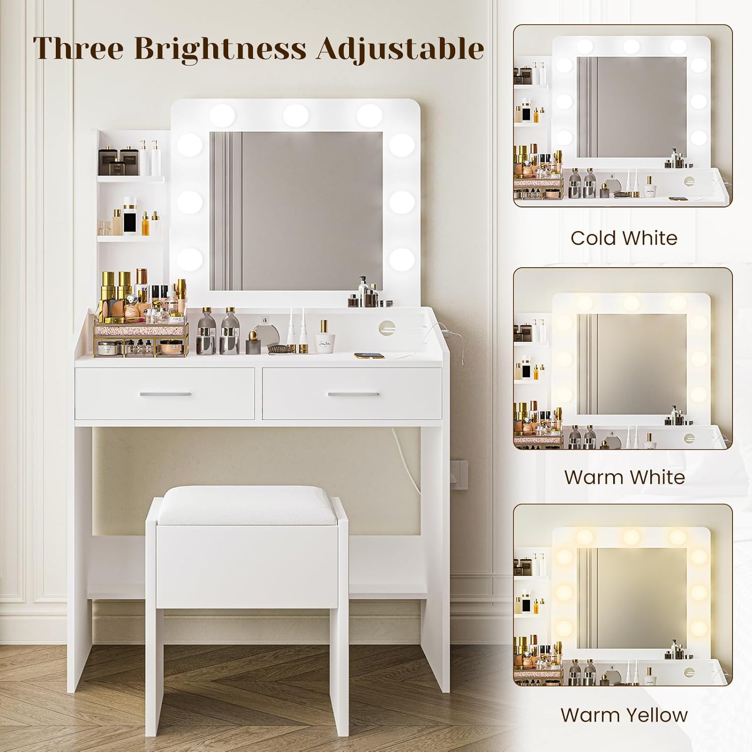 GarveeHome Vanity Desk with Mirror and Lights, Makeup Vanity with Power Outlet & Cushioned Stool, 3 Lighting Modes Adjustable Brightness, Dressing Table with Hairdryer Holder for Bedroom, White