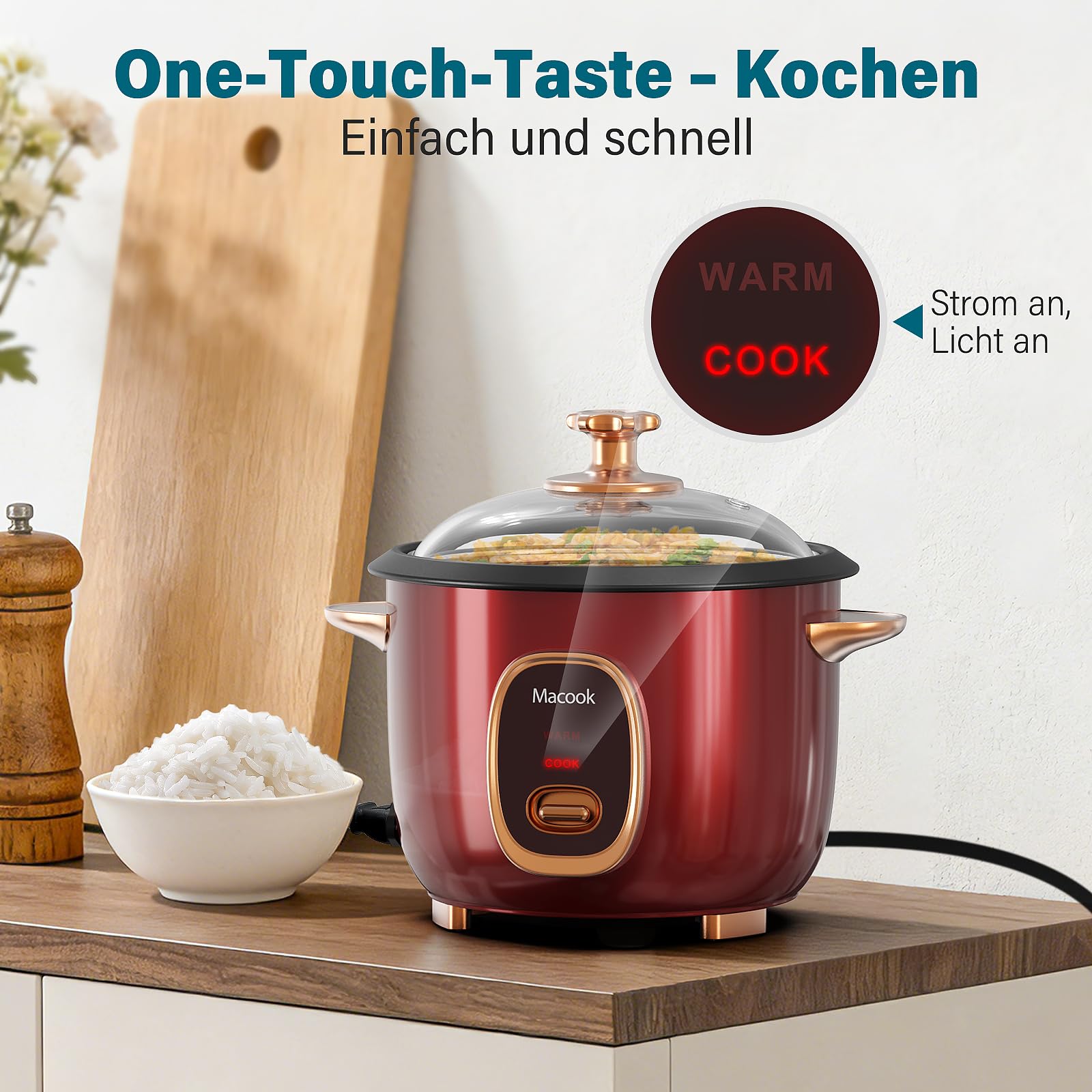 Macook Reiskocher & Dampfgarer mit Antihaft-Innentopf - 1L, Burgunderrot - Für 1-5 Personen - Schnelle Zubereitung ohne Anbrennen - Mit Warmhaltefunktion inkl. Dämpfeinsatz, Löffel & Messbecher