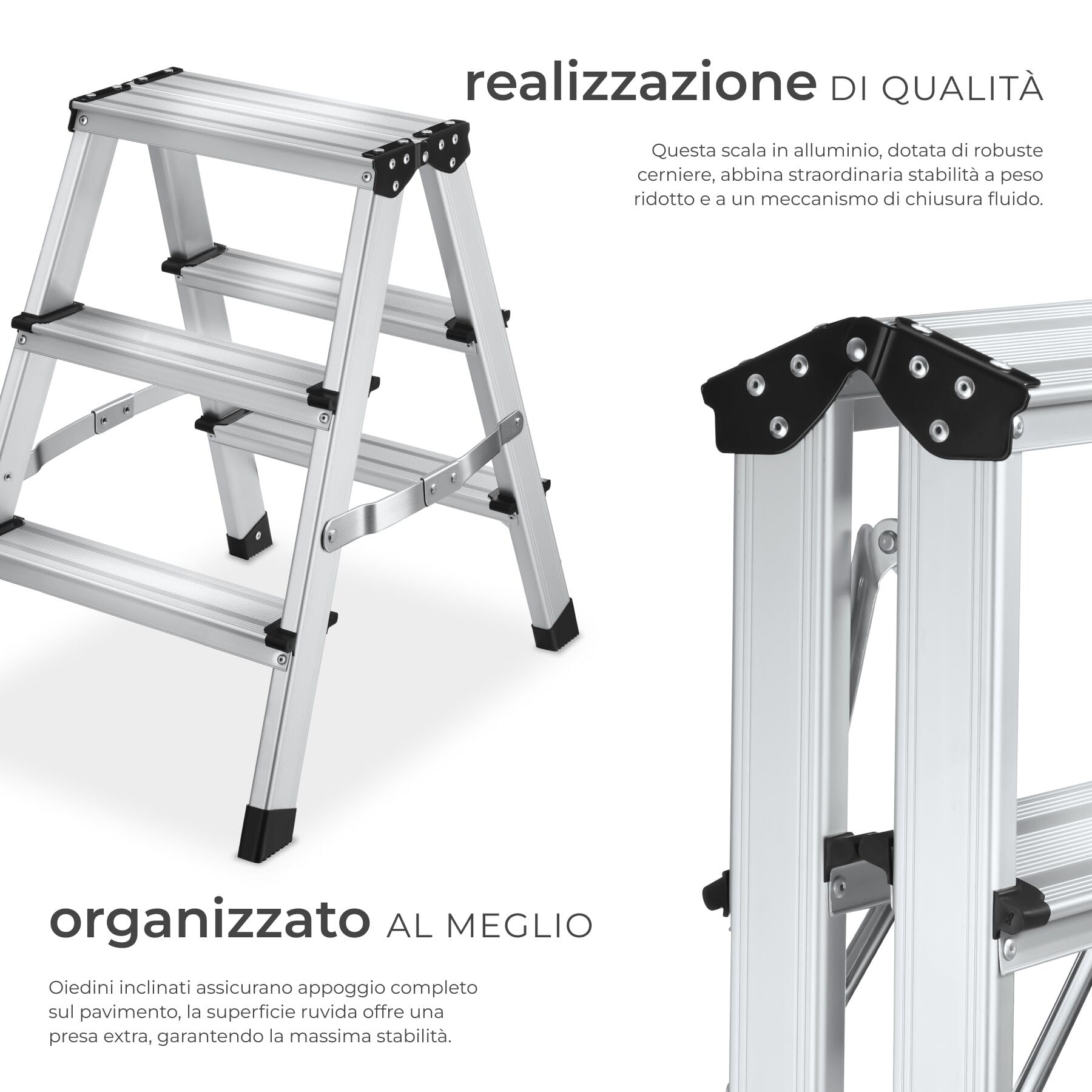 tectake® Scaletta Pieghevole in Alluminio Doppia, Scala 3 Gradini Antiscivolo, Scaletta Multiuso Salvaspazio con Doppia Salita, Scala per Casa Leggera, Piedini in Gomma, Antiscivolo, Portata 150 kg
