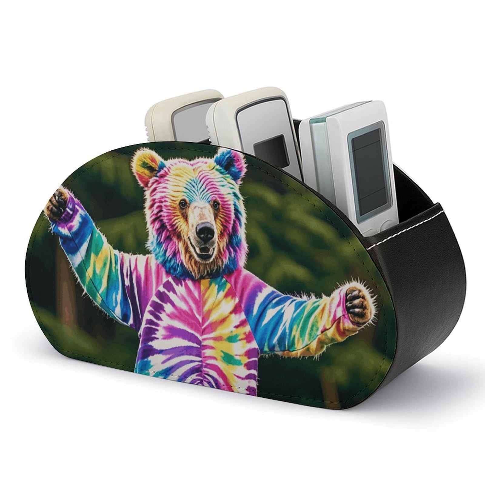 Boîte de rangement en cuir pour télécommande motif ours tie dye avec 5 compartiments