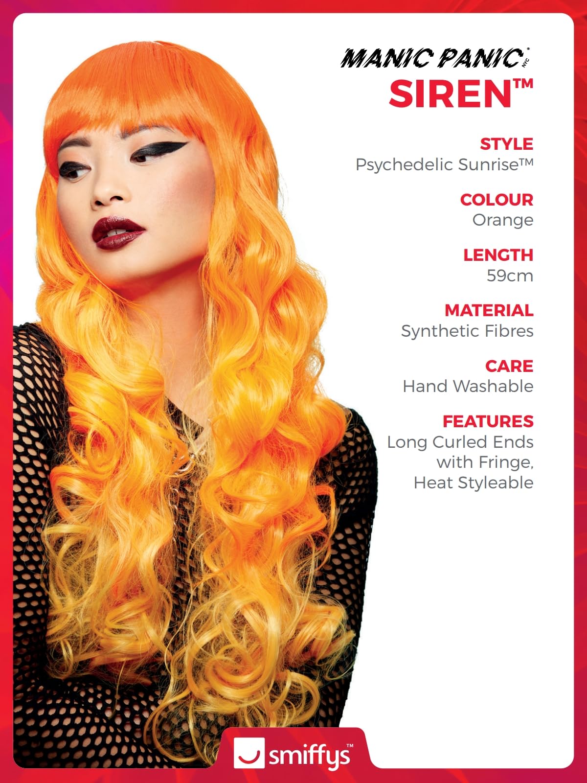Smiffys Official Manic Panic® Psychedelic Sunrise™ Siren™ Wig, Long Curled Ends Wig - Image 3