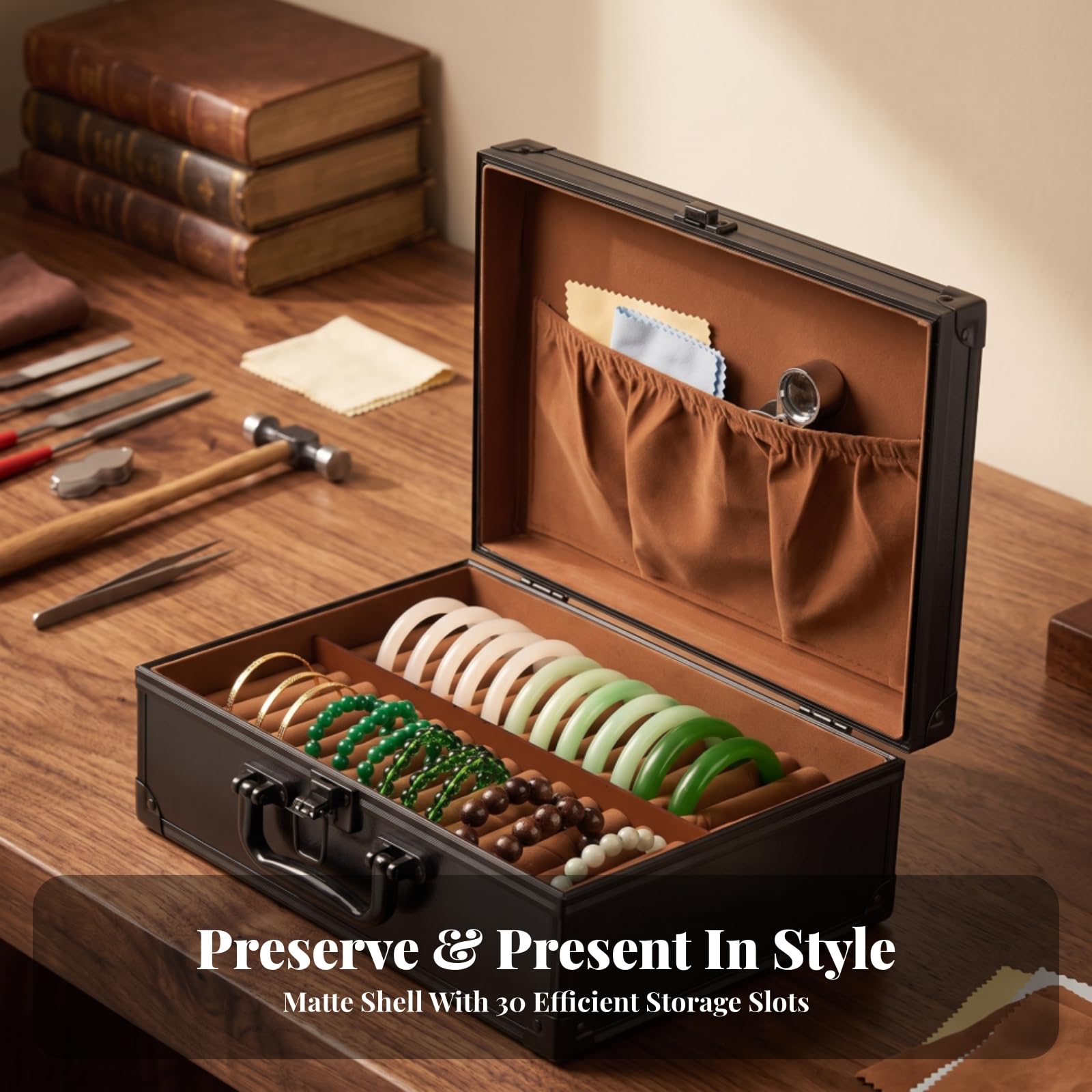 Estuche Rígido para Brazaletes Portátil | Organizador Pulseras con Asa, Adaptable, Organizador Rejillas, para Tocador, Café