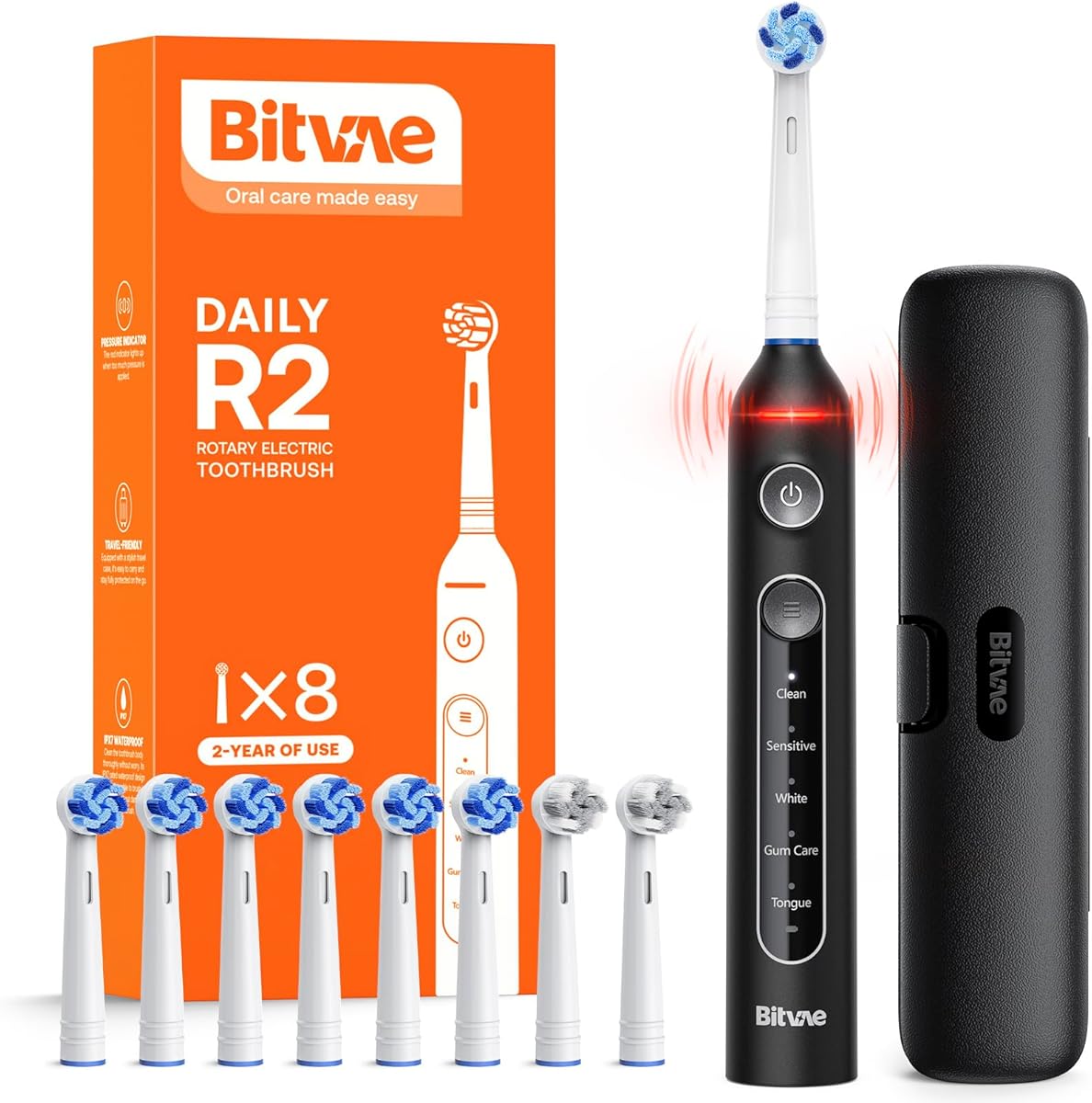 Bitvae R2 Rotating Electric Toothbrush for Adults with Travel Case, Deep Clean Rechargeable Electric Toothbrush with Pressure Sensor, 8 Brush Heads, 5 Modes, 30-Day Battery Life, Black : Amazon.com.au
