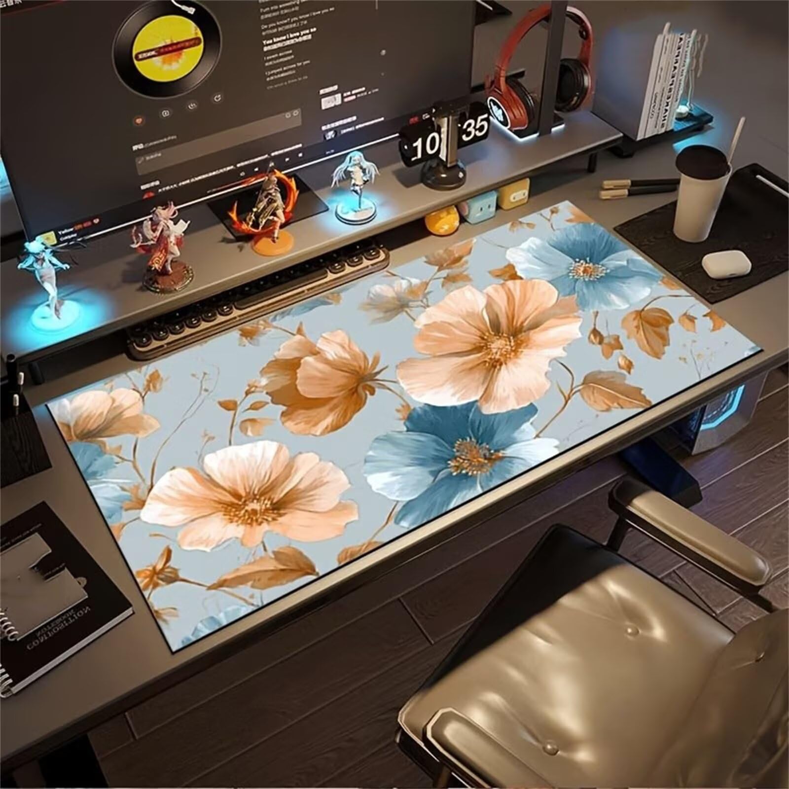Alfombrilla ratón XXL flores azul parduzco: tapete escritorio antideslizante para PC gaming 7