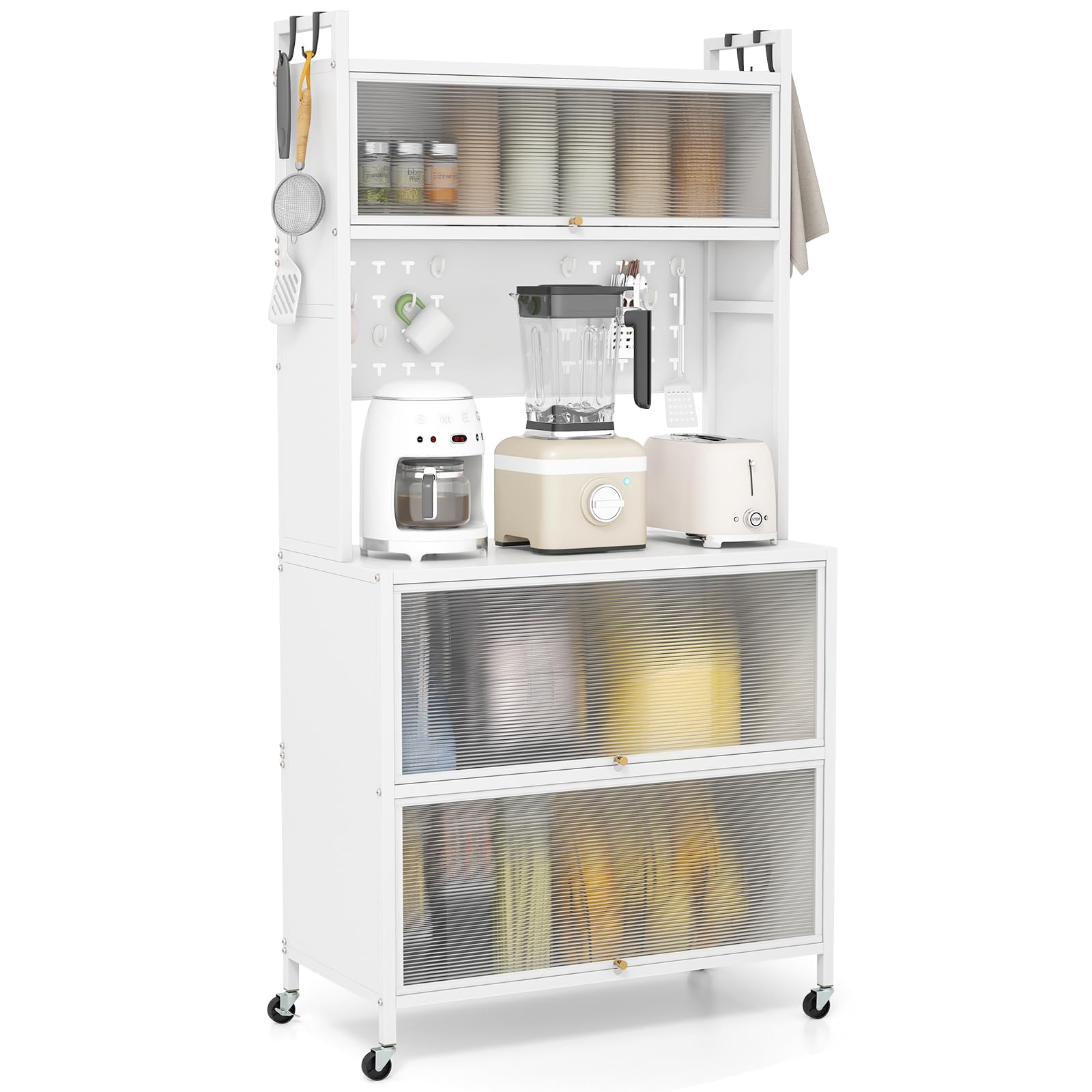 FANTASK Armadietto da cucina alto, scaffale da cucina con ruote, armadietto a buffet con ante pieghevoli, lavagna, gancio e protezione ribaltabile, 80 x 40 x 160 cm (bianco)
