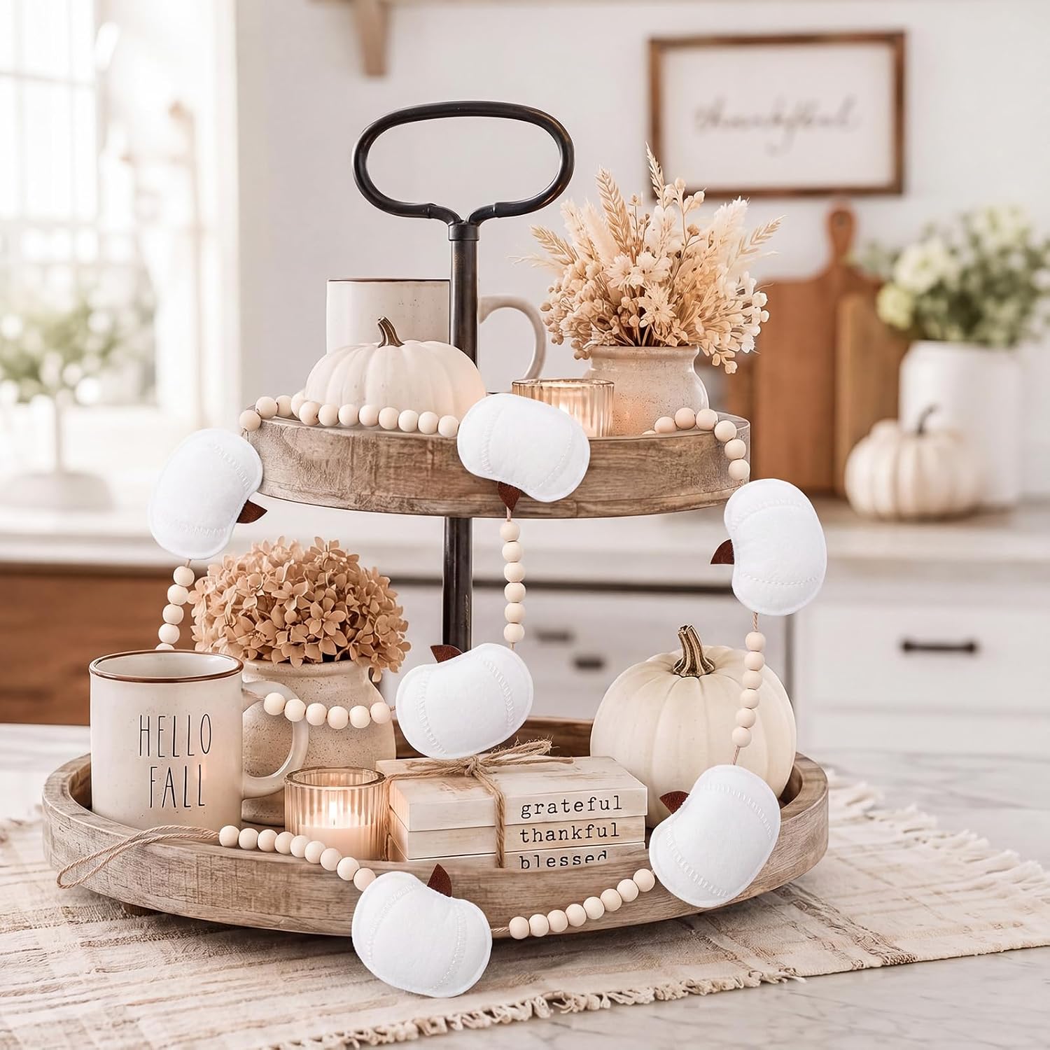 Flutesan Felt White Pumpkin Garland with Wood Beads Fall Mantel Decorations