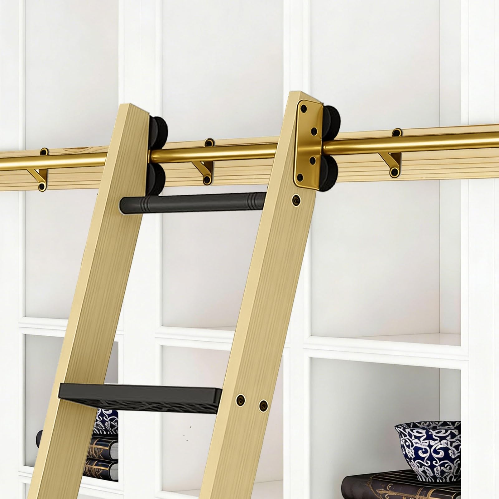 MRVAKDYDI Retractable Rolling Library Ladder Rails Kit, Sliding Library Ladder Kit Gold Steel 100-732cm Track Roller System Home Wine Cooler Study(12ft/366cm Track kit)