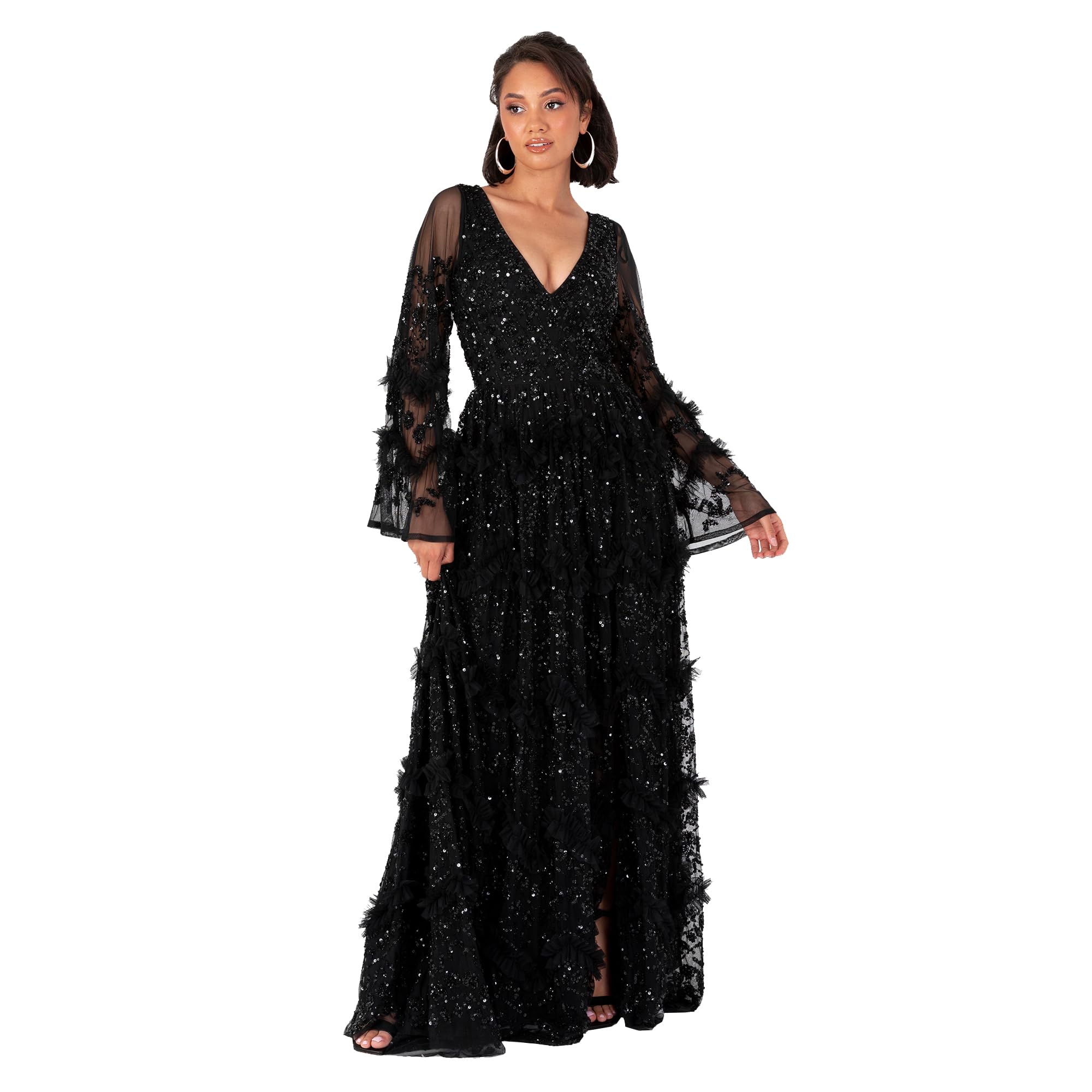 Maya Deluxe Damen Women's Ladies Maxi Dress V Neckline Sequin with Ruffle Empire Waist Slit Split for Prom Ball Bridesmaid Wedding Guest Dress (1er Pack)