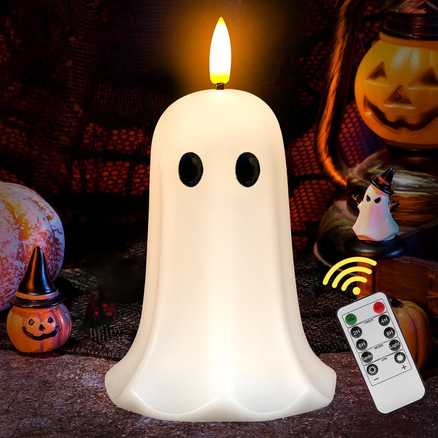 Bezpłomieniowa świeca halloweenowa z timerem, świeca LED z migoczącym płomieniem, prawdziwy wosk, pilot zdalnego sterowania, upiorne dekoracje halloweenowe do wewnątrz, urocza dekoracja stołu do