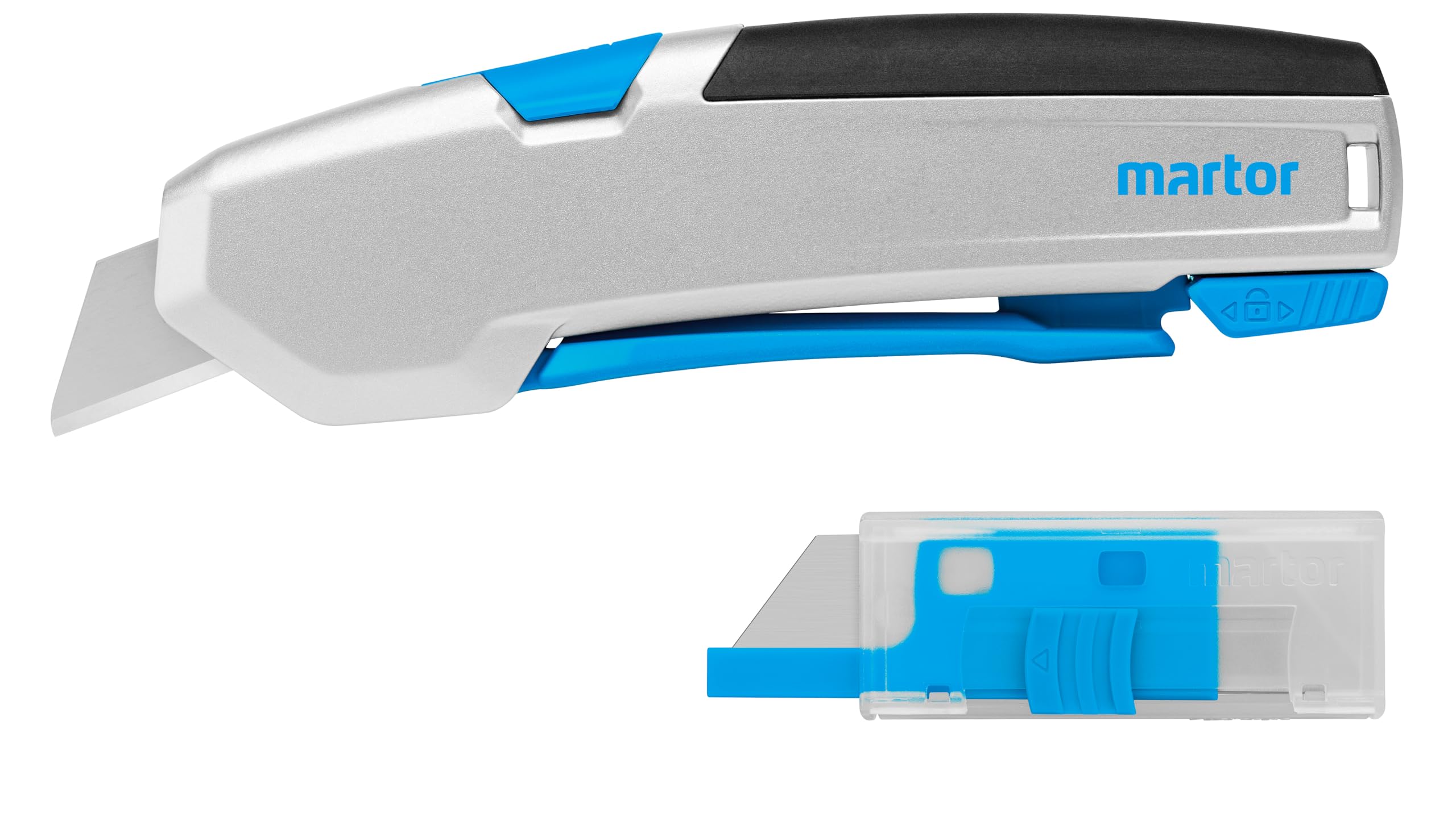 MARTOR SECUPRO 625 Sicherheitsmesser, Klingenrückzug, inkl 10 Ersatzklingen | Zangengriff, Lock-Funktion, Trapezklinge, Karton & Folie, inkl. 10 Ersatzklingen, No. 625001.09