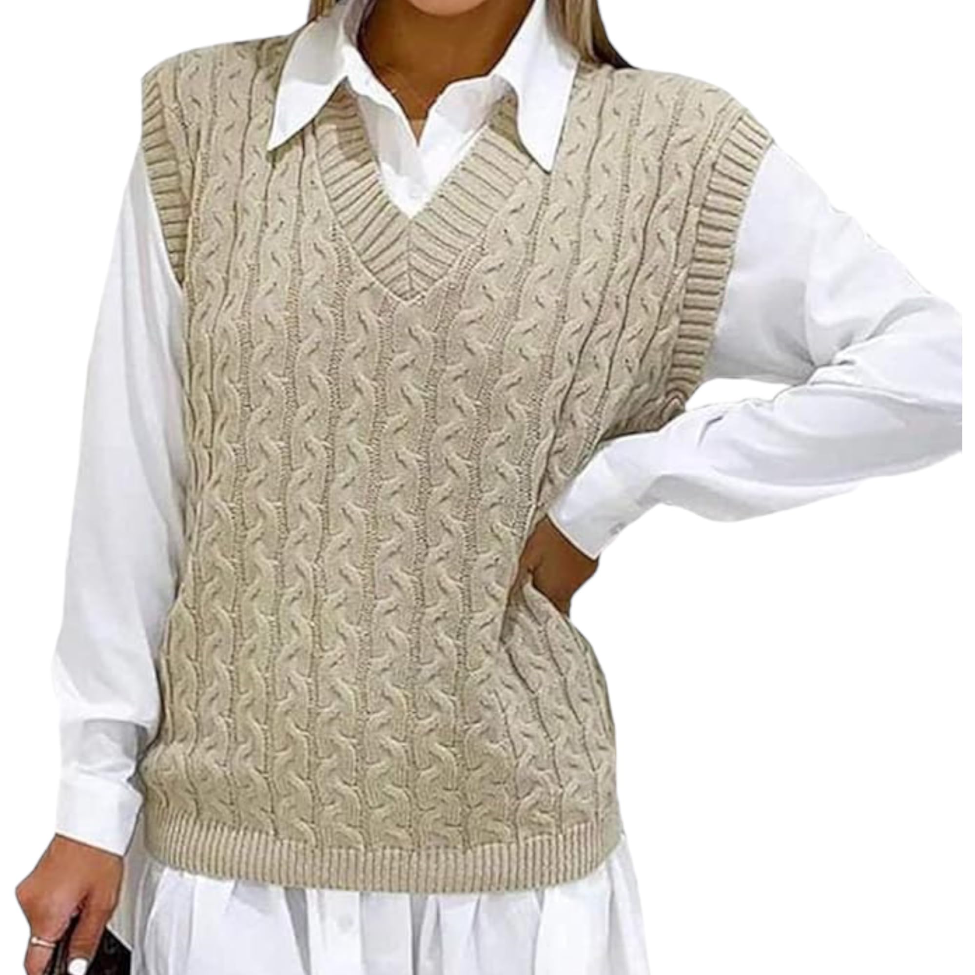 Pull sans manches pour femme uni en tricot épais pour femme - Col en V - Pull câblé - Pull doux et décontracté - Pull sans manches - Grande taille 36-50