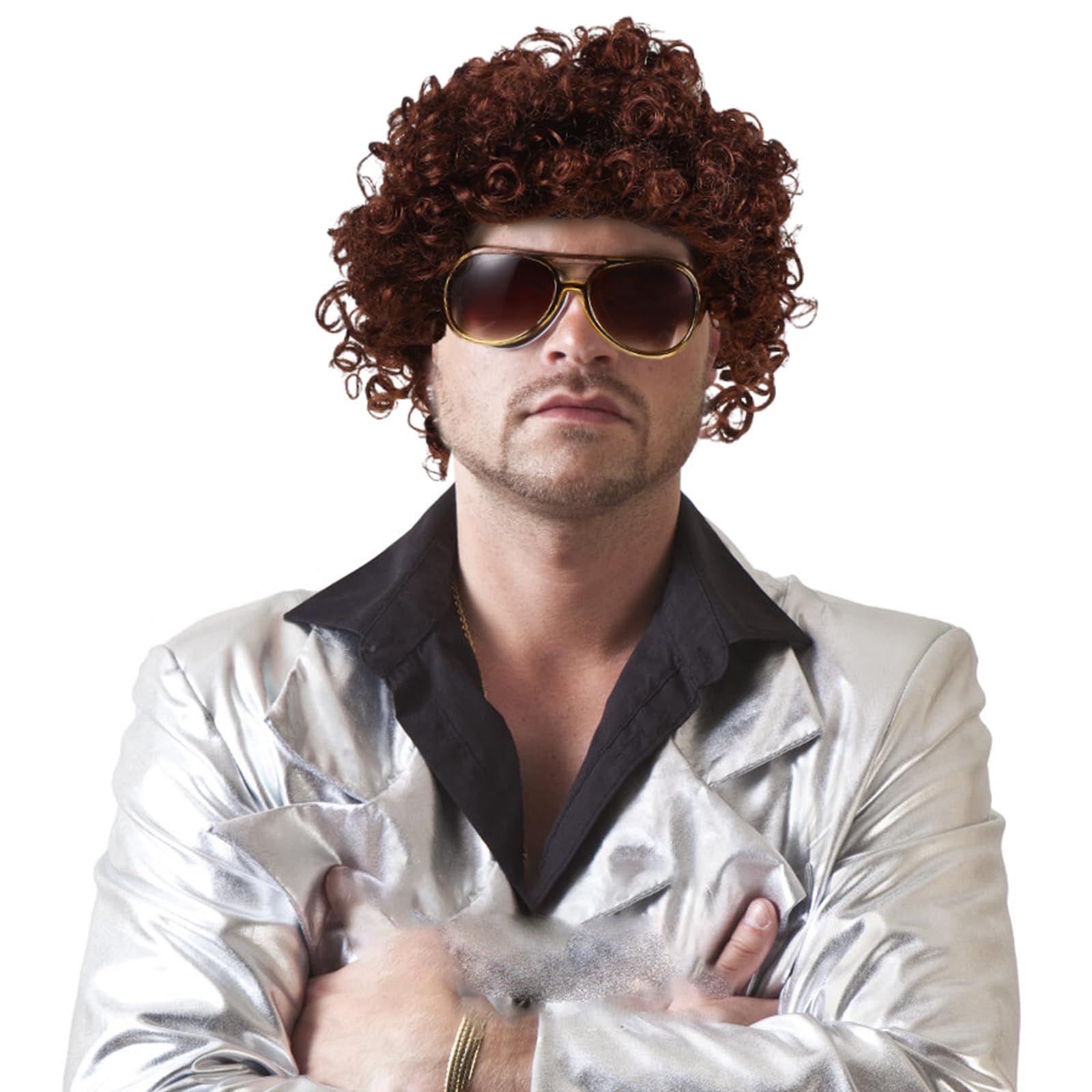 Kit De Disfraz Disco Hip Hop 5 Piezas – Peluca Afro Marrón, Cadena De Oro, Collar Money, Gafas Retro Y Barba Falsa – Unisex Para Halloween Y Carnaval