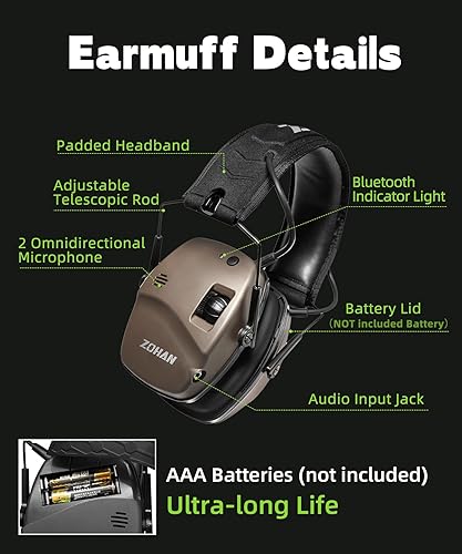 Miniatura 6 de ZOHAN 035 Bluetooth 5.0 - Orejera de protección auditiva para disparos, cancelación activa de ruido, protección auditiva con amplificación de sonido