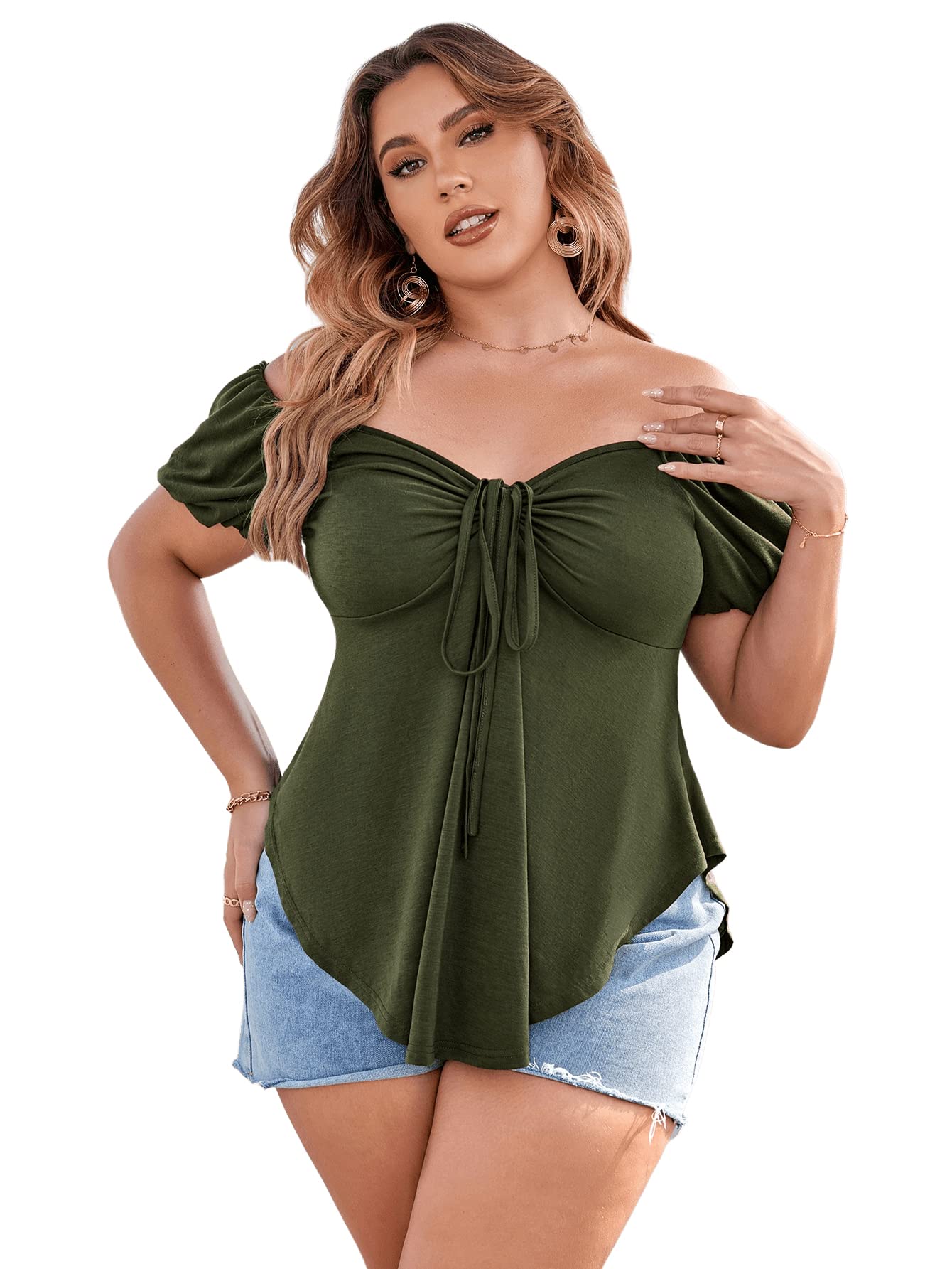 SOLY HUX Women's Plus Size Short Sleeve Peplum Blouse Tie Front Ruffle Hem Summer T Shirt Tops