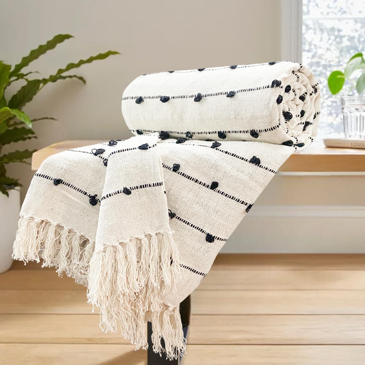 SAJAVAT HOME Hand-Knitted Pure Cotton Sofa Throw | Throw for Living Room, Bedroom, Sofa & Chair | 82x52 Inches / 208x132 Cms | Pack of 1 (Beige & Black)