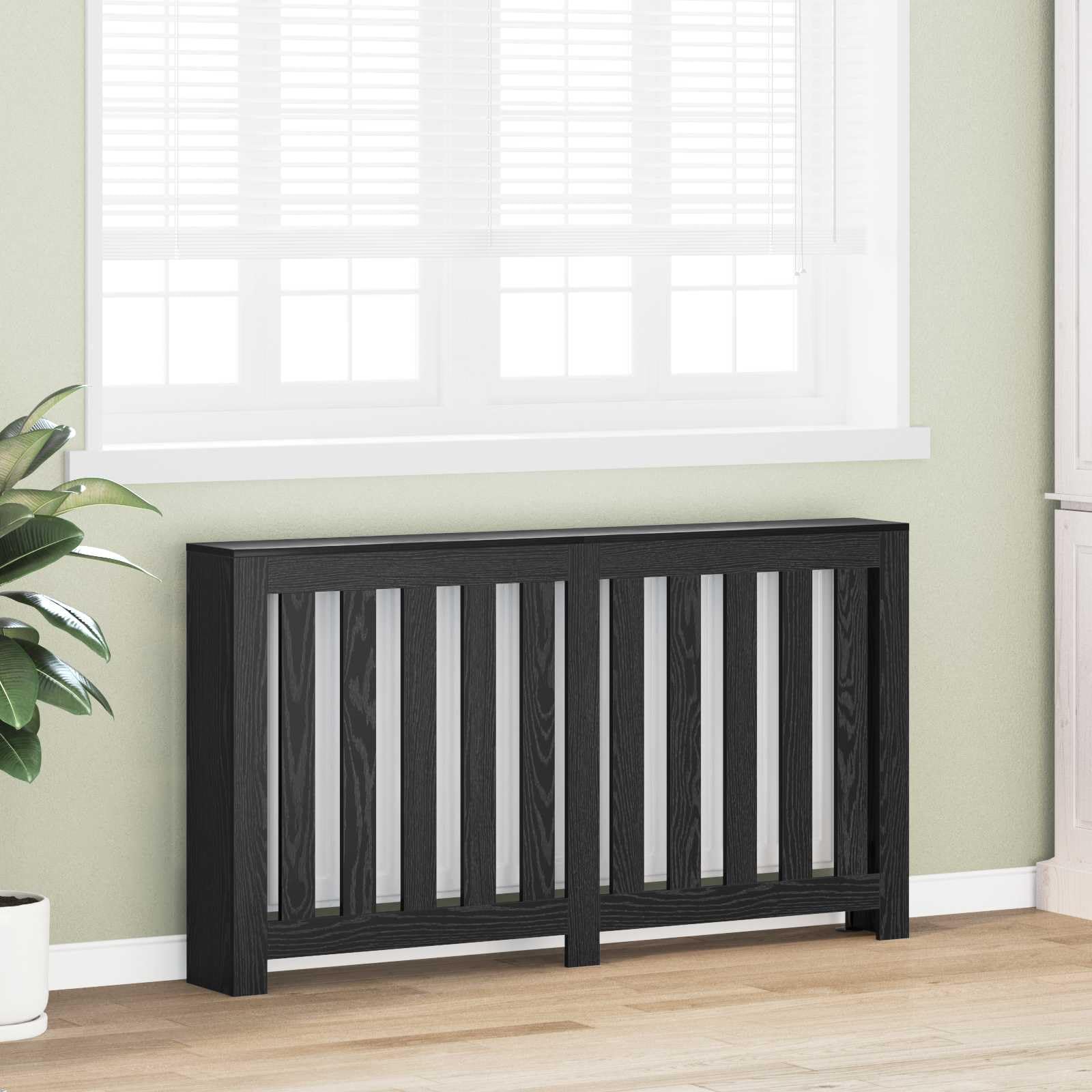 Cubierta para radiador de madera de roble negro, 149 x 20 x 82 cm, con diseño de listones verticales, protección para salón, baño, dormitorio