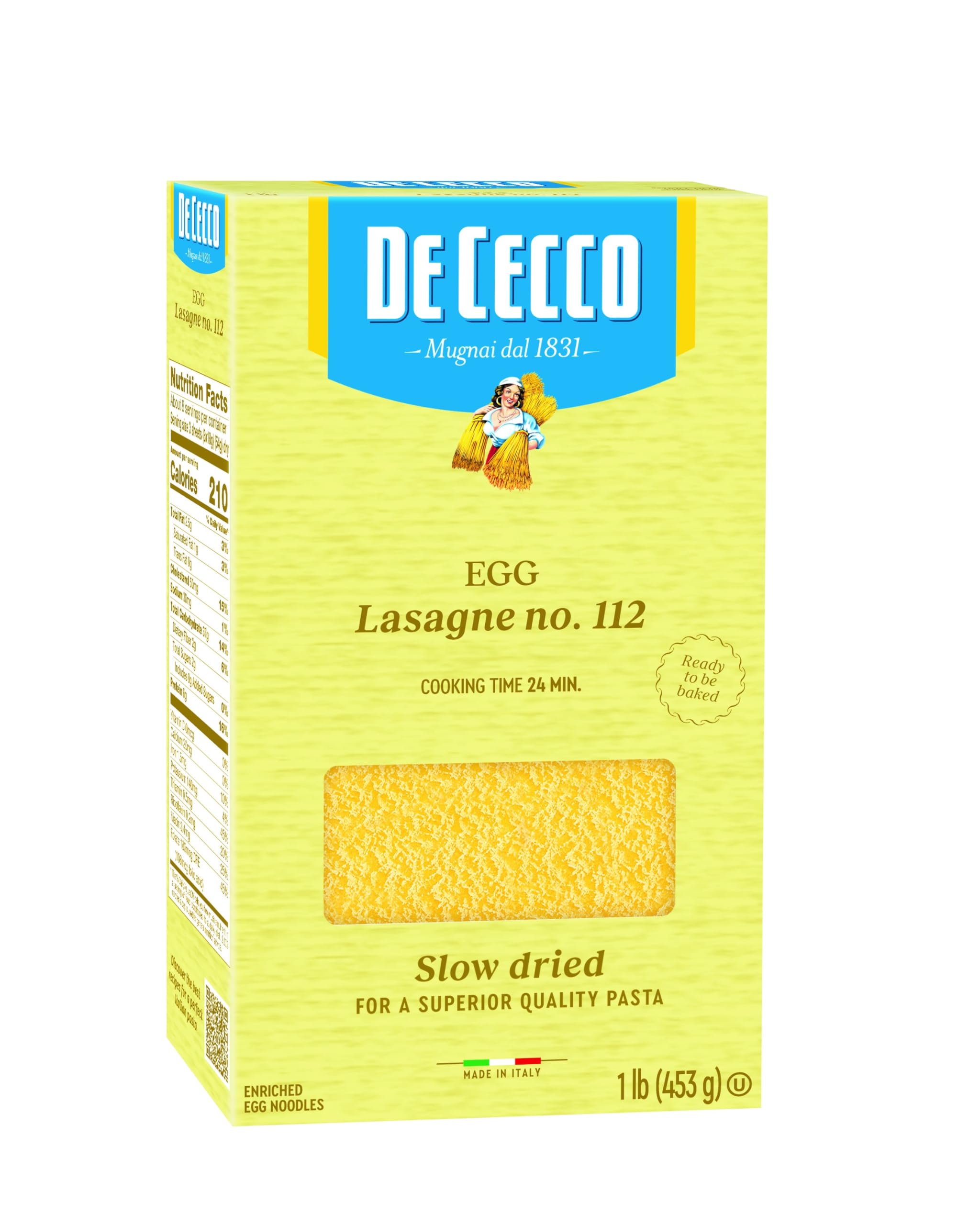 De CeccoEgg Pasta, Egg Lasagna No.112, 8.8 OZ - Serving size 3 sheets (3x18g) (54g) dry