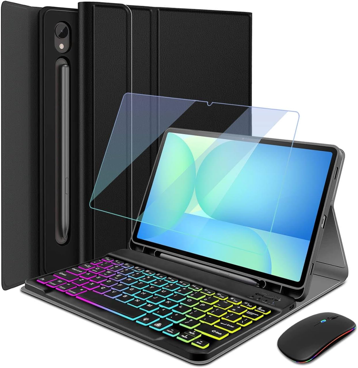 Backlit Keyboard Case for Samsung Galaxy Tab S10 Lite/ S10 FE/ S9 FE 5G 10.9 Inch/Tab S9 11 Inch with Screen Protector & Mouse, HSIAOZ Rainbow Backlight Detachable Wireless Keyboard PU Folio Case
