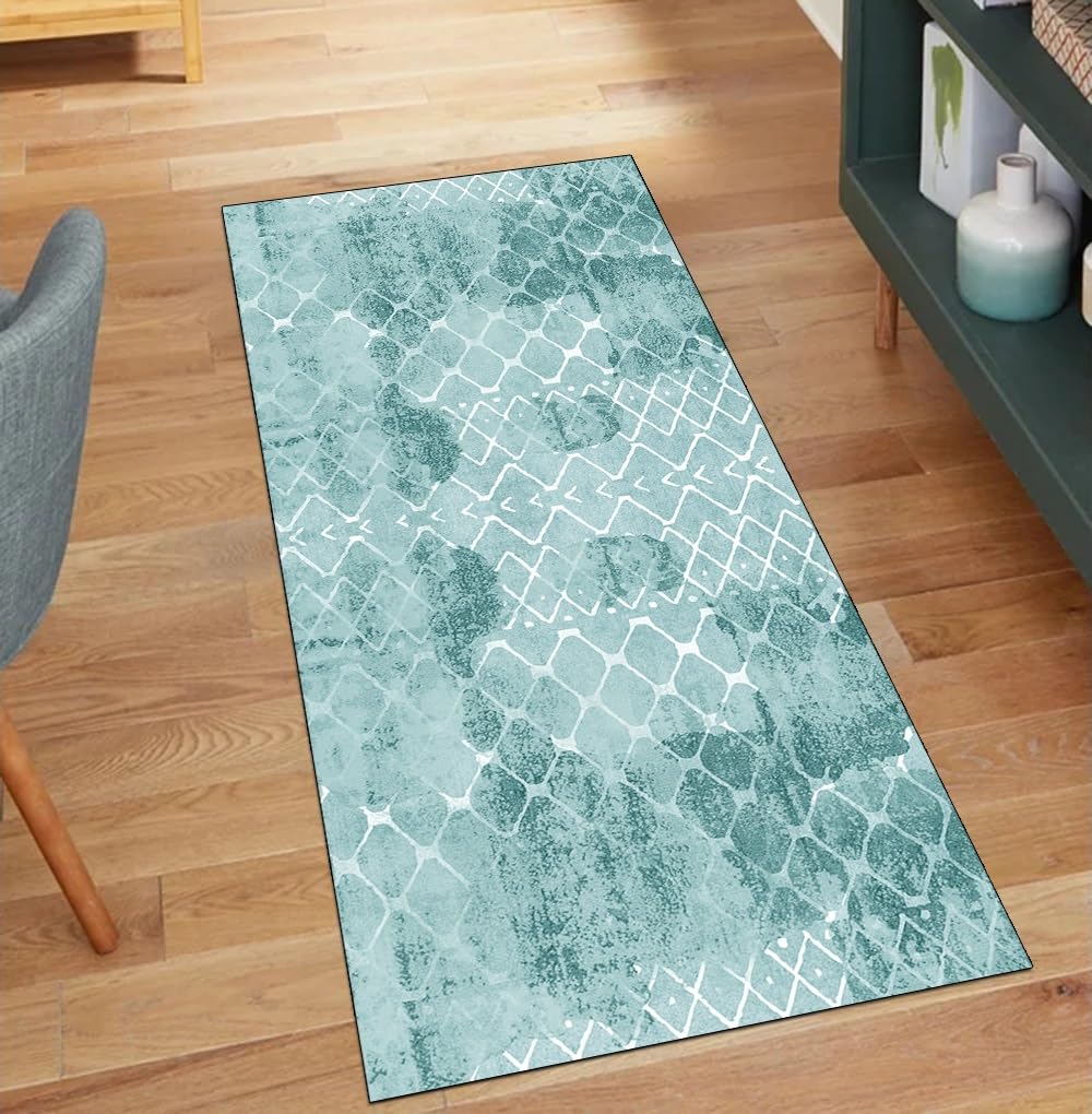 Alfombra de pasillo cian de 60x160 cm con diseño abstracto y base antideslizante