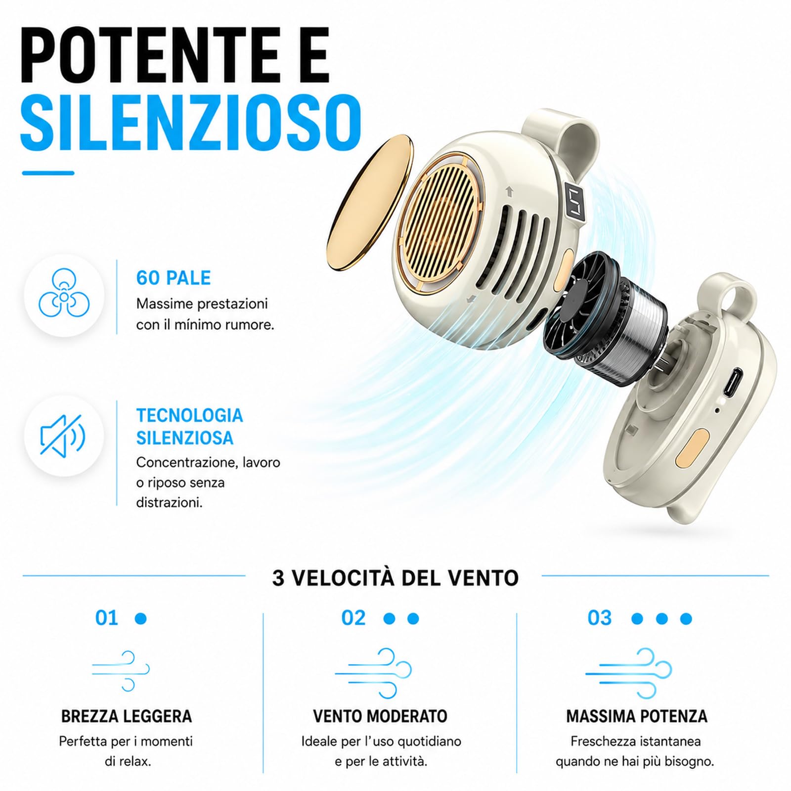 Bryzy Air Mini Ventilatore Portatile, Direzione Del Flusso D'aria Regolabile A 360°, Può Essere Agganciato Alla Cintura O Al Collo, Ideale Per Le Attività All'aperto E I Viaggi (Verde)