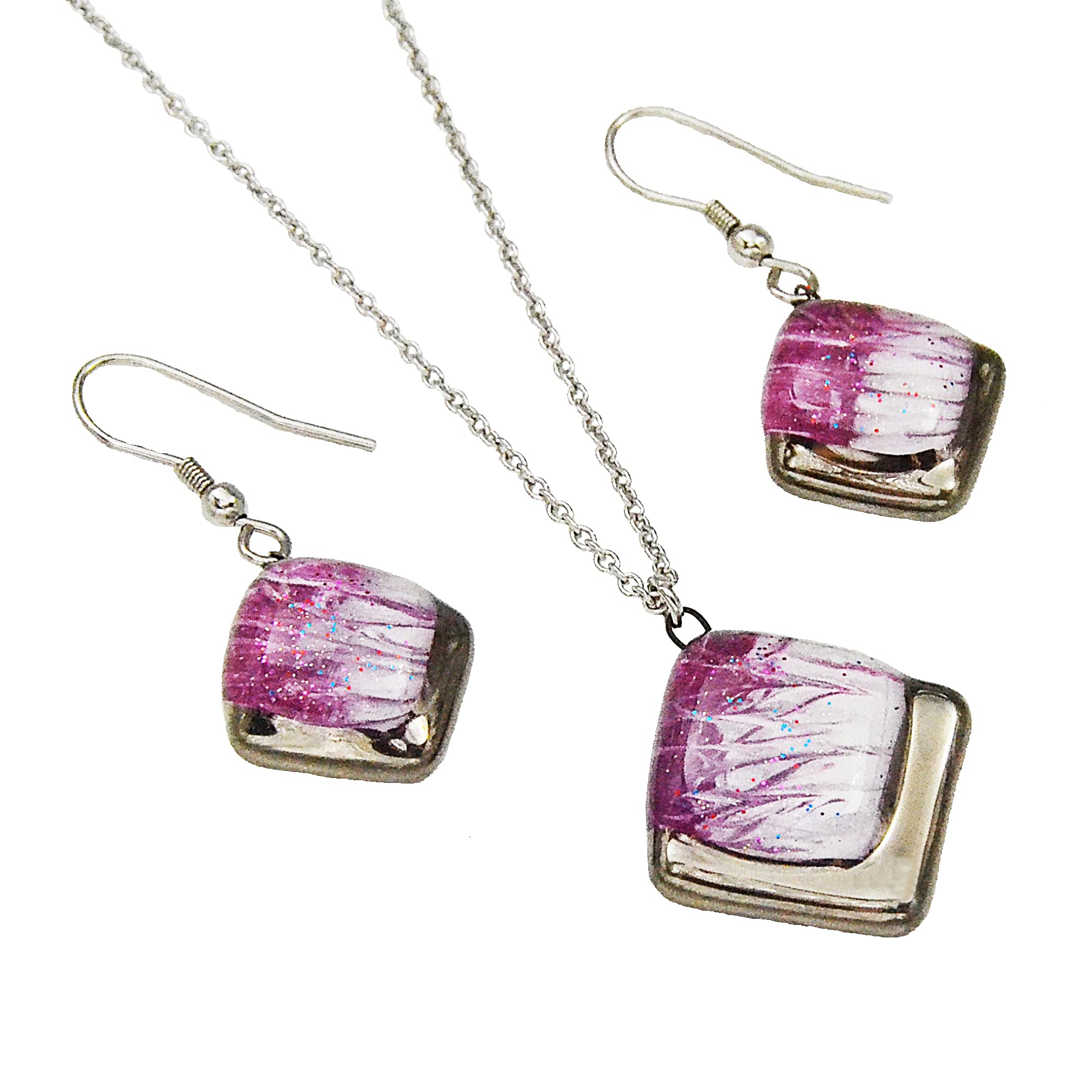 Conjunto de bisutería blanco violeta • Vidrio checo hecho a mano con platino y purpurina • Collar y pendientes de diseño para mujer