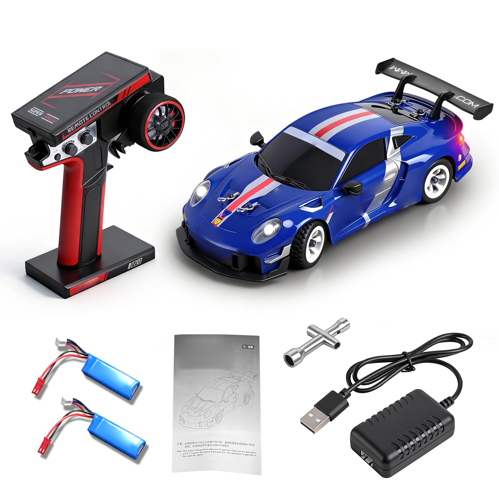 Zdalnie sterowany samochód, 1:28, 30 km/h, napęd na wszystkie koła, z oświetleniem LED i żyroskopem, RC Drift Car