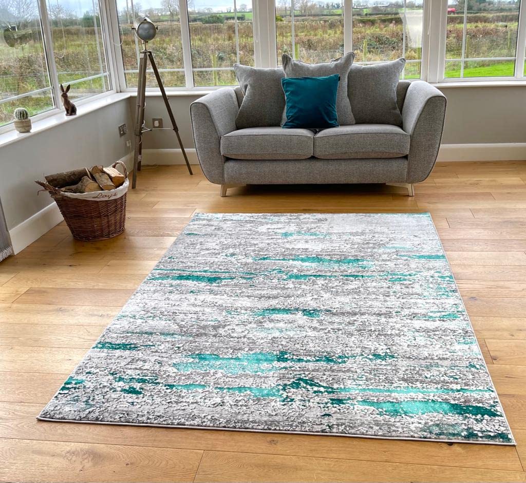 Modern Abstract Designer Metallic Silver Dark Green Grey Cream Marble Effect Area Rug Plush Anti Shed Lounge Living Room Carpet Rugs (80x150cm)