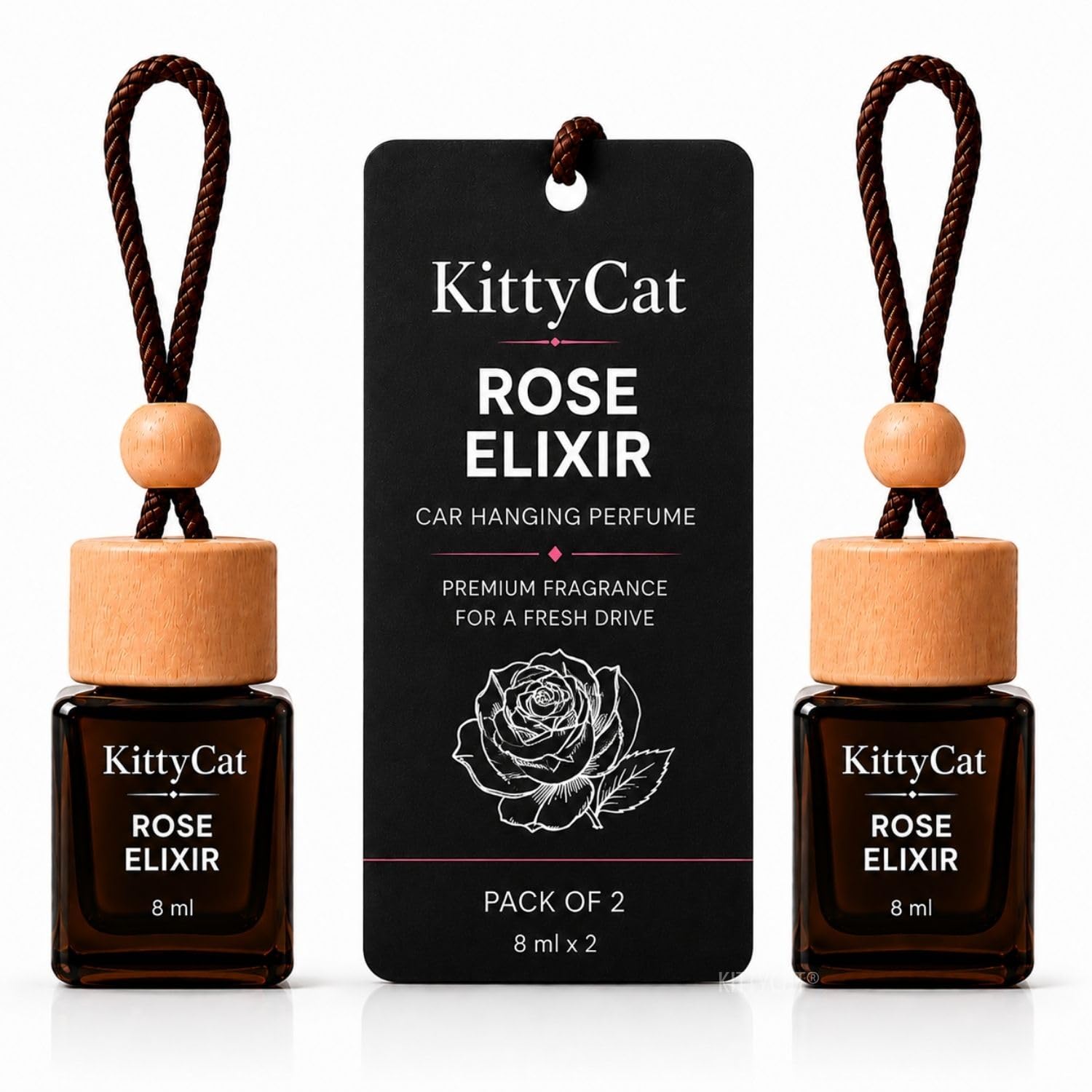 KittyCat Car Hanging Perfume Diffuser Rose Elixir Fragrance | Long Lasting Car Air Freshener | Premium Glass Bottle with Wooden Cap | Car Interior Accessories 8ml each (Pack of 2)-image-7