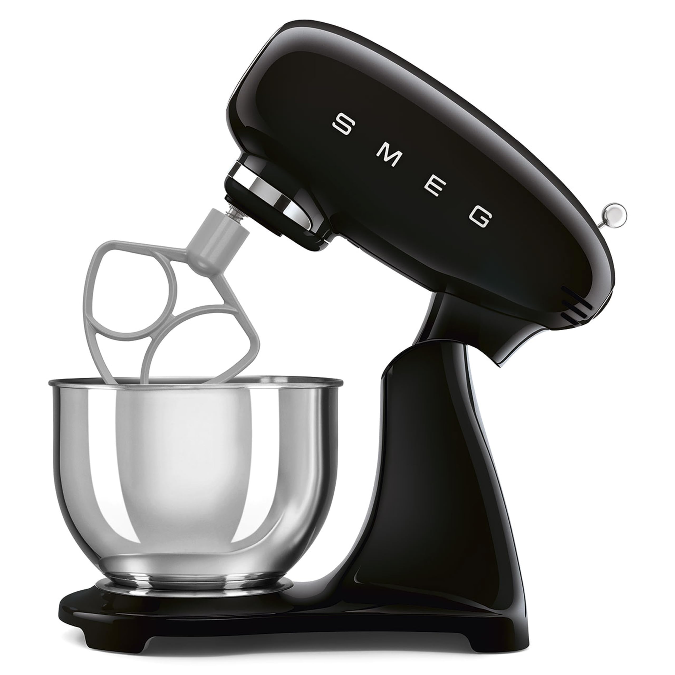 SMEG SMF05 Forte Stand Mixer in black with the flex-edge beater attachment in the stainless steel bowl.