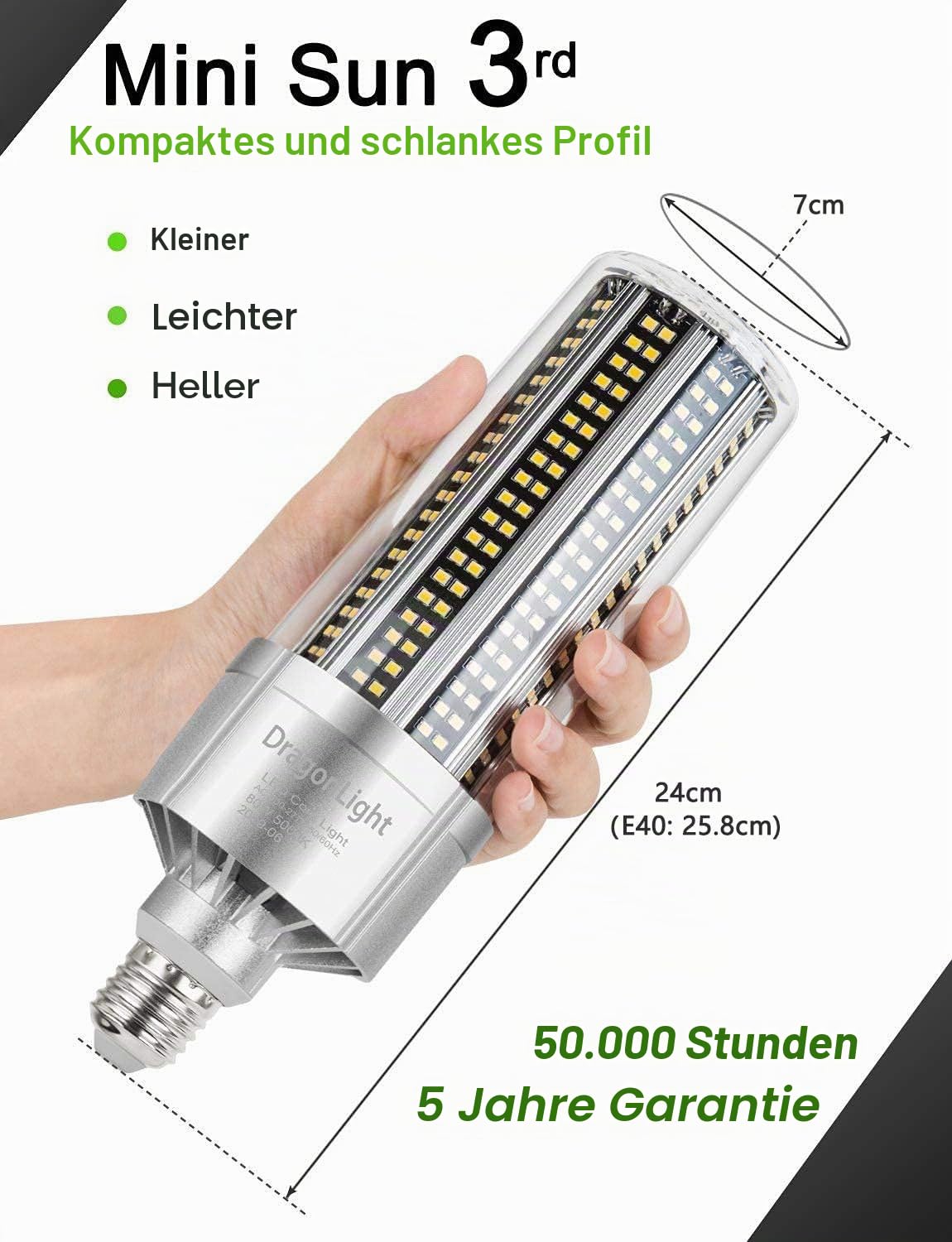 DragonLight 80W Superhelle Mais Licht LED Glühbirne(Ersetzt 600Watt) - E27 LED Lampe mit E40 Adapter - 5000K Kaltweiß 9600 Lumens für Großes Gebiet Beleuchtung - Garage Lagerhaus Werkstatt Fabrik Hof