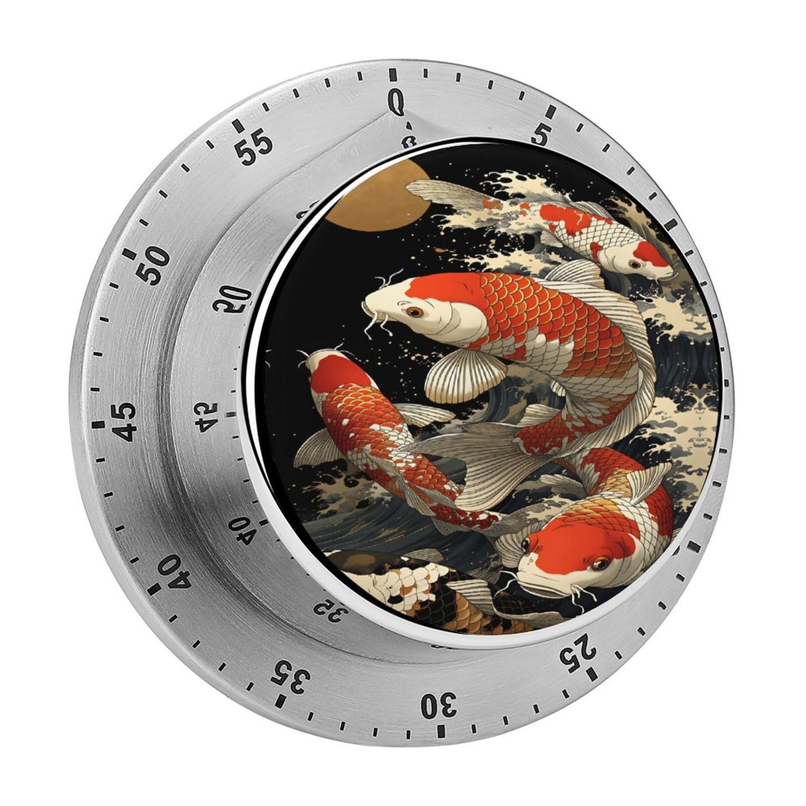 Koi Fish Japanese Wave Art 60 Minute Wind Up Timer,Visual Mechanical Magnetic Timer with Loud Alarm for Kitchen