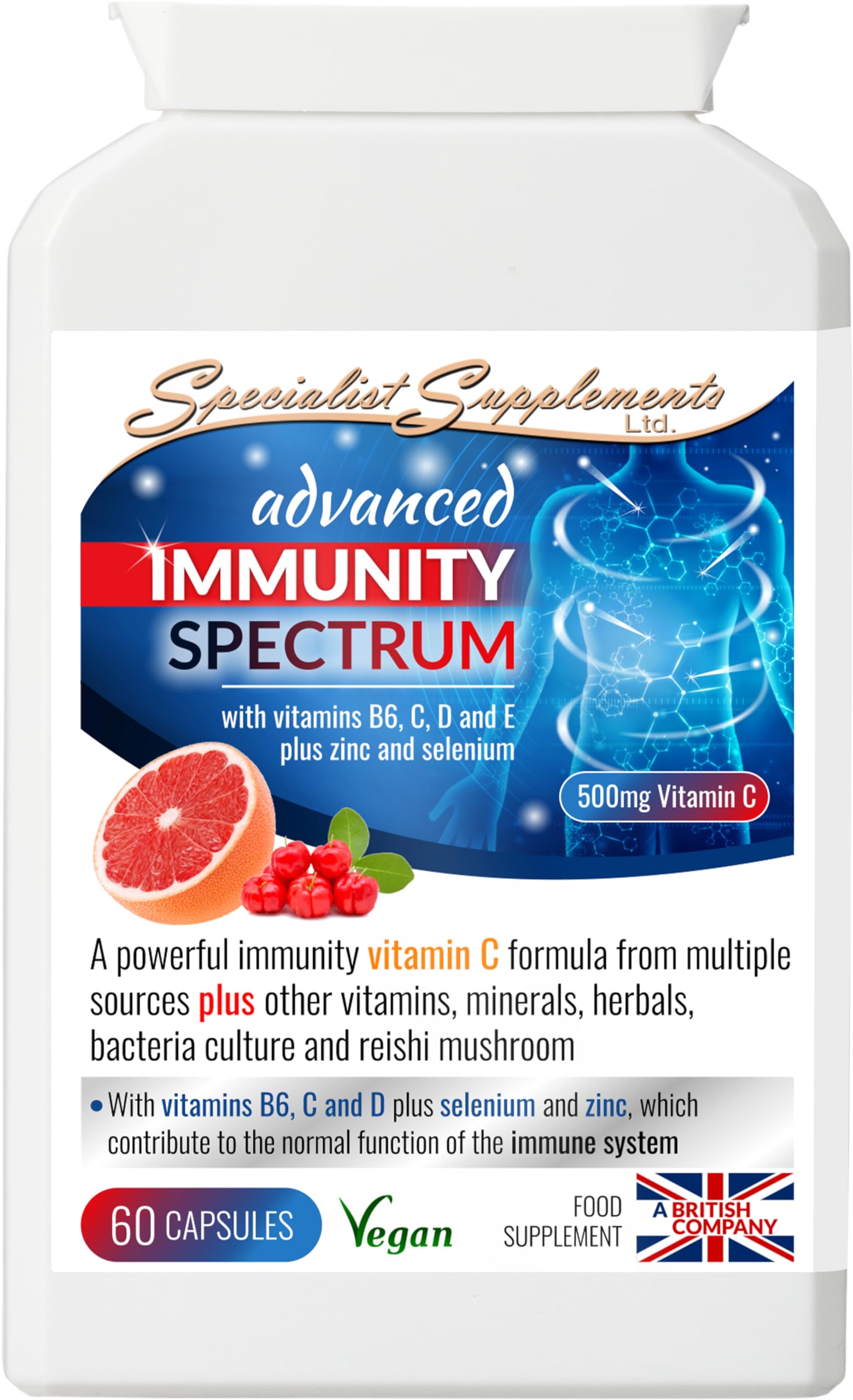 Specialist Supplements Advanced Immunity Spectrum, Vitamin C Formula with Vitamins B6, D, E, Selenium, Zinc and Lactobacillus Acidophilus, 60 Capsules