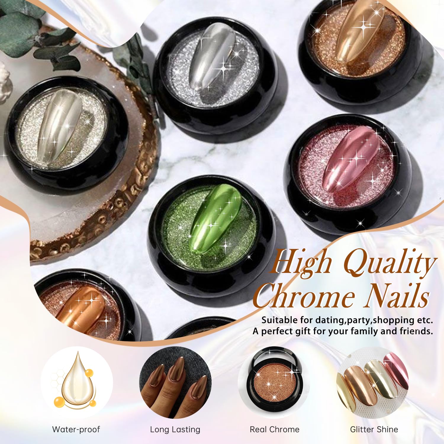 Amazon.com: Rainbow Chrome Press on Nails Medium Almond, KQueenest