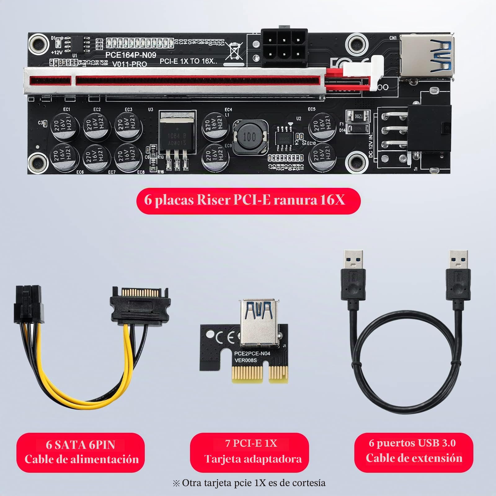 PCIe Riser 1X a 16X Riser Card - Tarjeta adaptadora de Elevador V011-PRO con Cable de Extensión USB de 60cm - GPU Riser Card for Riser Mineria Bitcoin Ethereum Mining (V011-PRO 6 Pack)