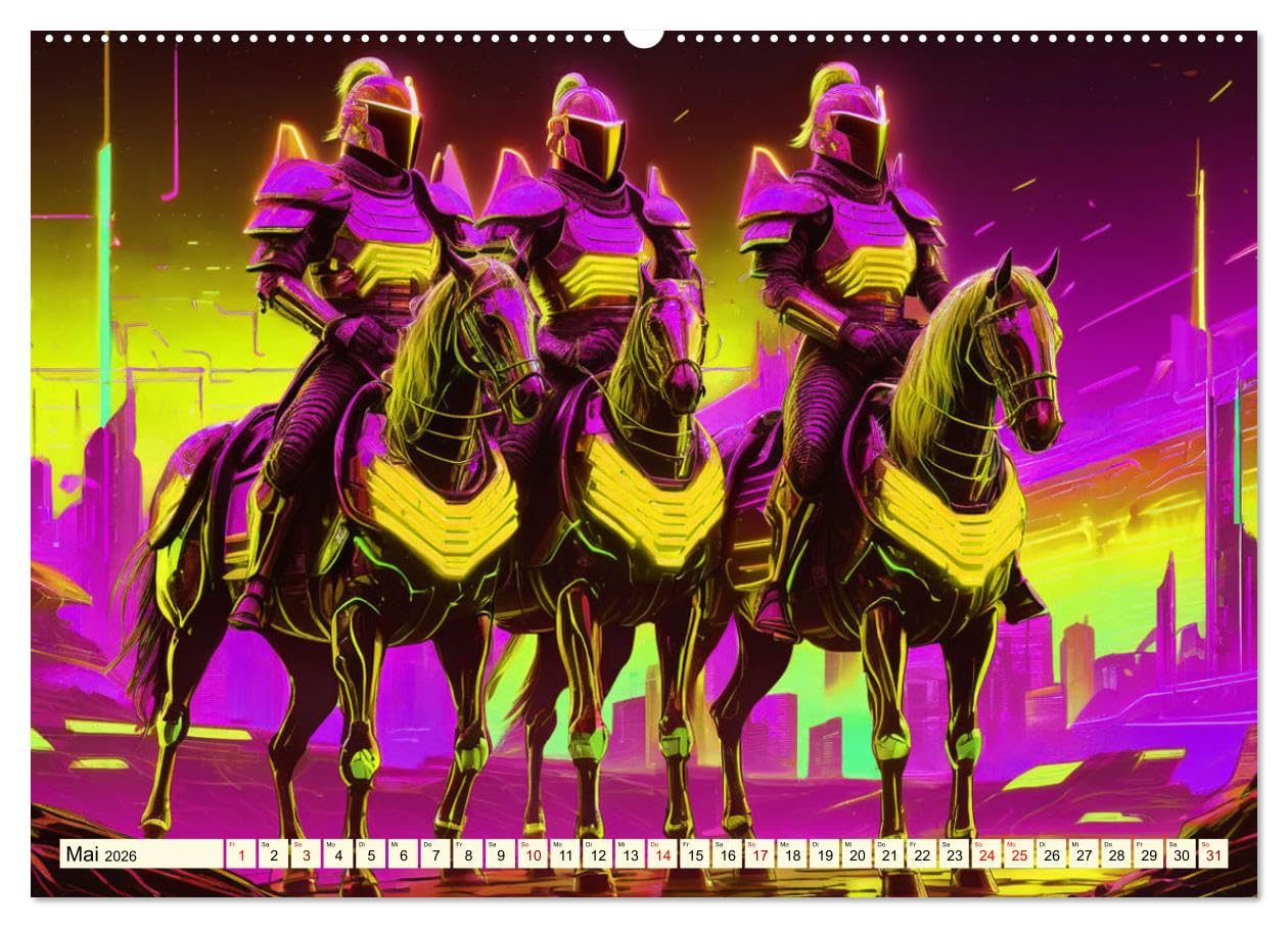 Fantasie - Futuristische Ritter (hochwertiger Premium Wandkalender 2026 DIN A2 quer), Kunstdruck in Hochglanz: Farbexplosionen dank Cyber Punk (CALVENDO Wissenschaft)