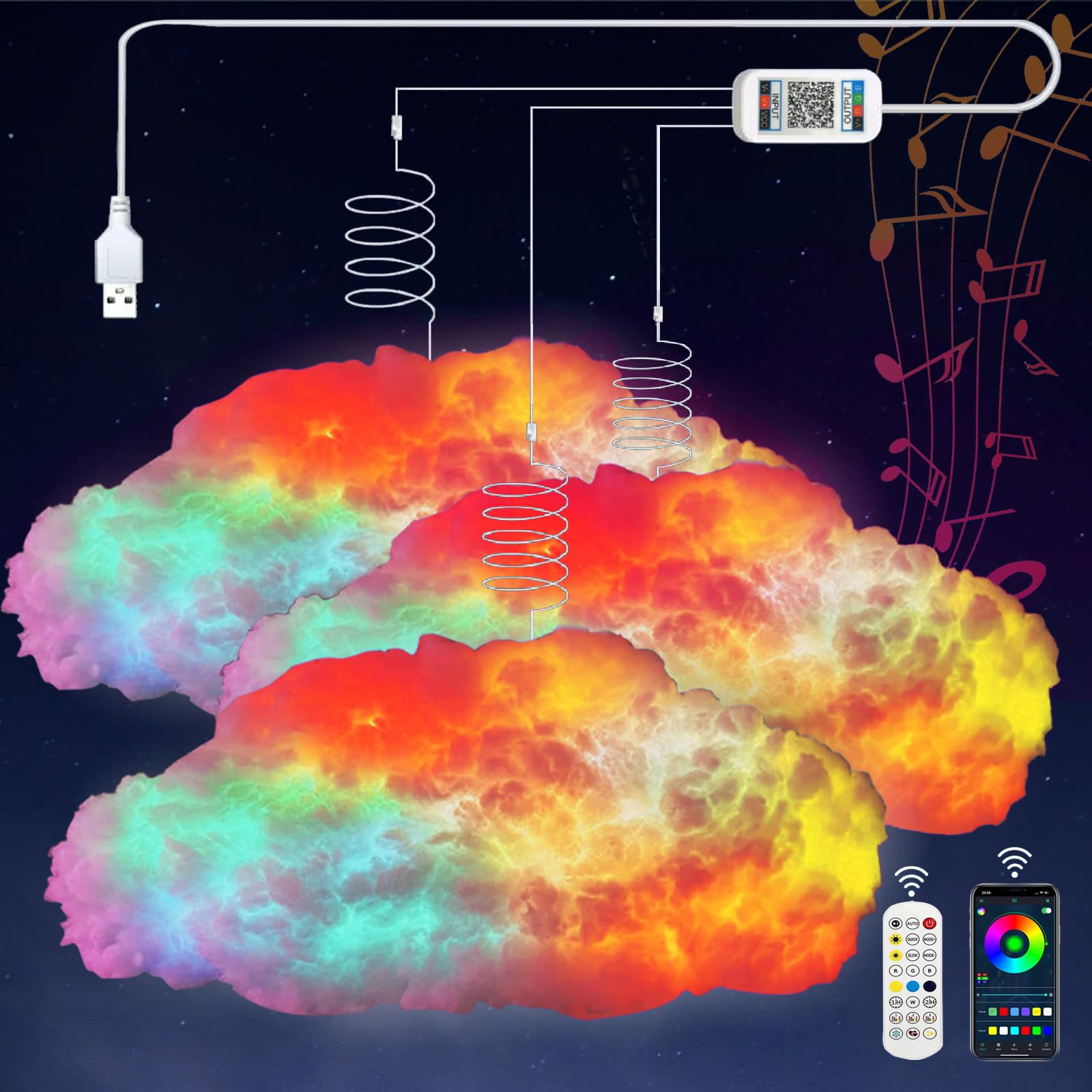 Luces LED de nube para dormitorio, kit de iluminación nocturna creativa multicolor con sincronización de música con aplicación, tira de luces que cambian de rayo, decoración de techo más
